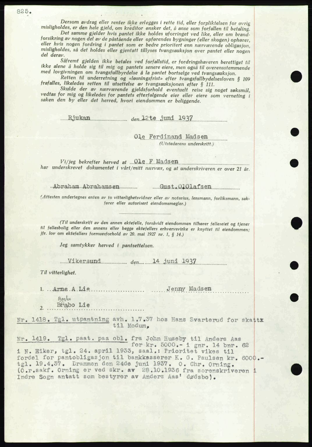 Eiker, Modum og Sigdal sorenskriveri, SAKO/A-123/G/Ga/Gab/L0035: Mortgage book no. A5, 1937-1937, Diary no: : 1418/1937