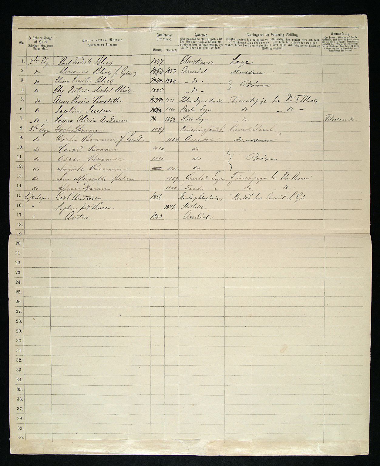 SAK, 1885 census for 0903 Arendal, 1885, p. 1