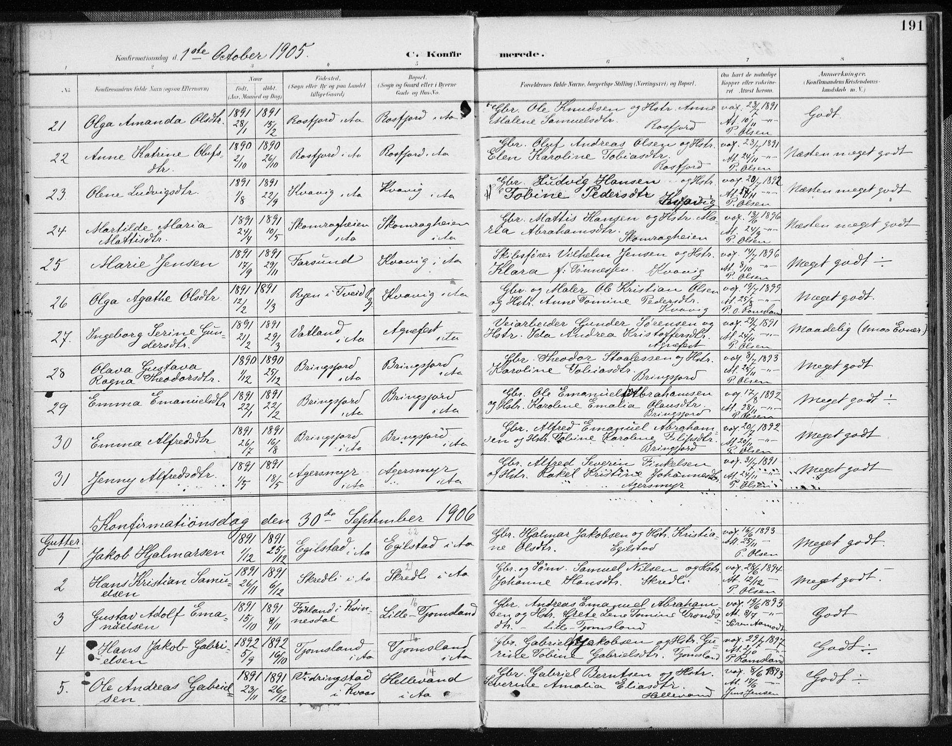 Lyngdal sokneprestkontor, AV/SAK-1111-0029/F/Fa/Fac/L0012: Parish register (official) no. A 12, 1894-1918, p. 191