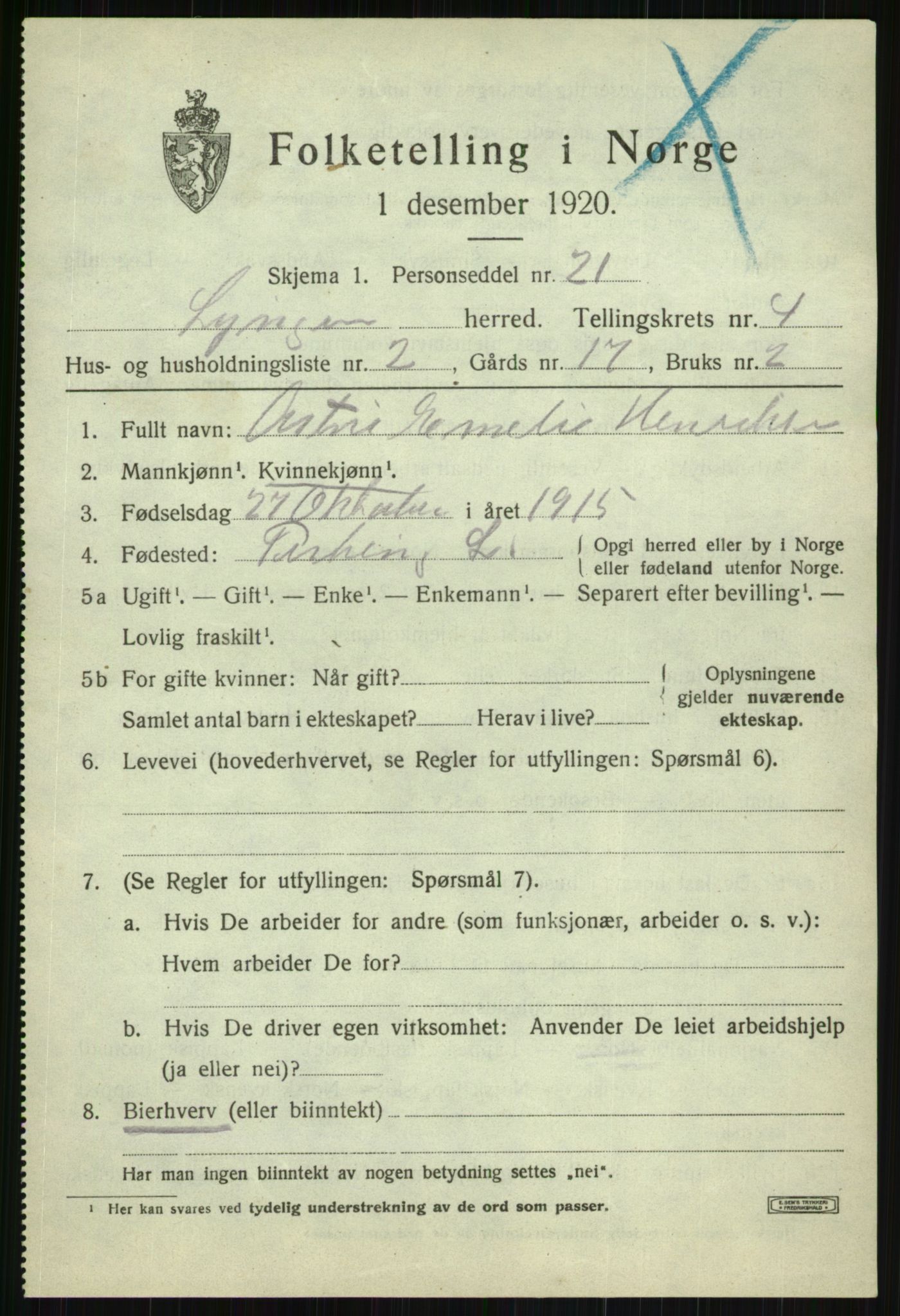 SATØ, 1920 census for Lyngen, 1920, p. 4063