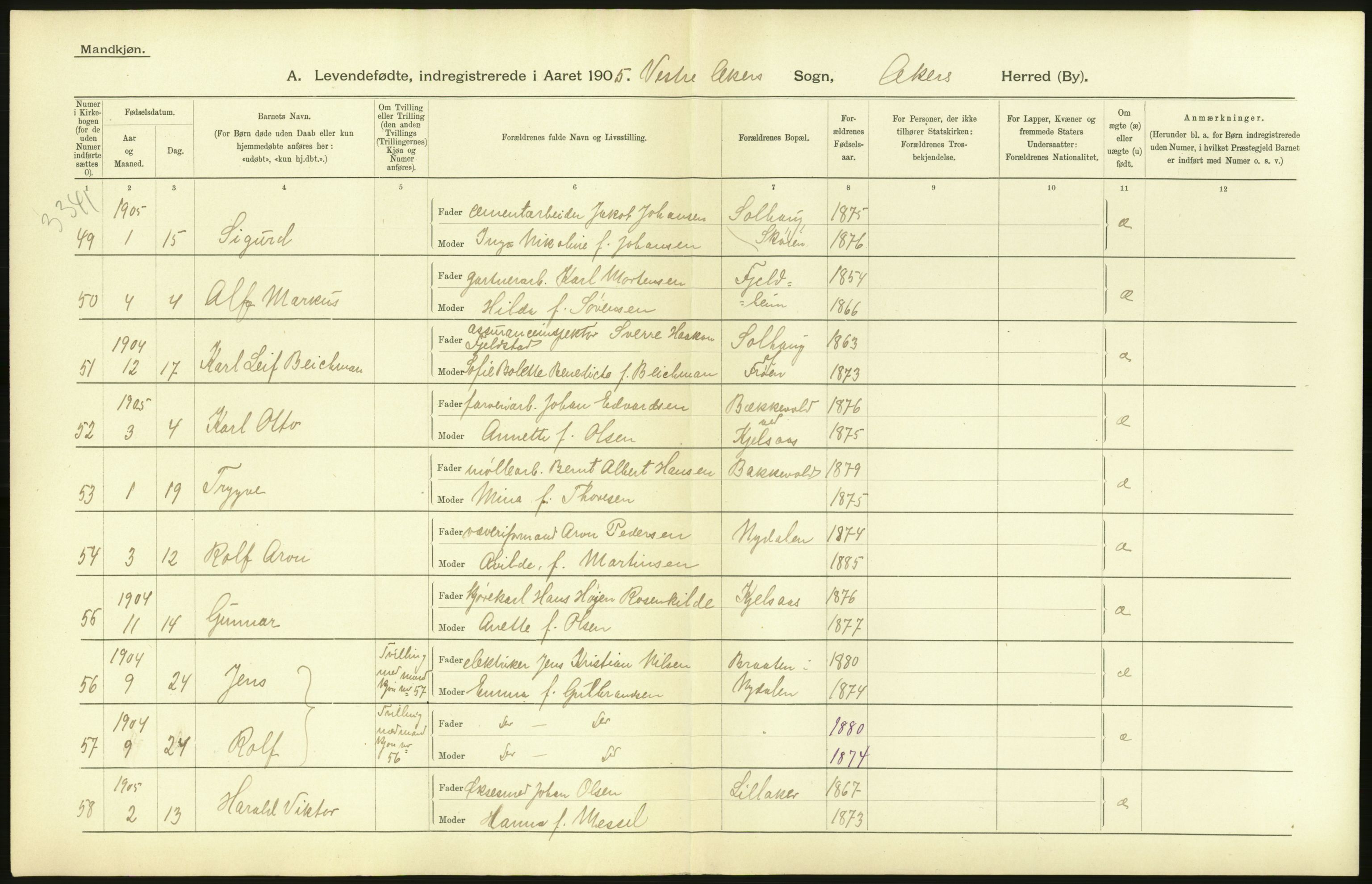 Statistisk sentralbyrå, Sosiodemografiske emner, Befolkning, AV/RA-S-2228/D/Df/Dfa/Dfac/L0004: Akershus amt: Fødte. Bygder., 1905, p. 28