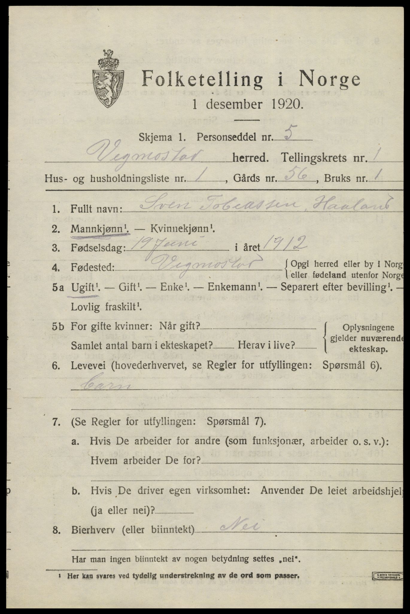 SAK, 1920 census for Vigmostad, 1920, p. 429