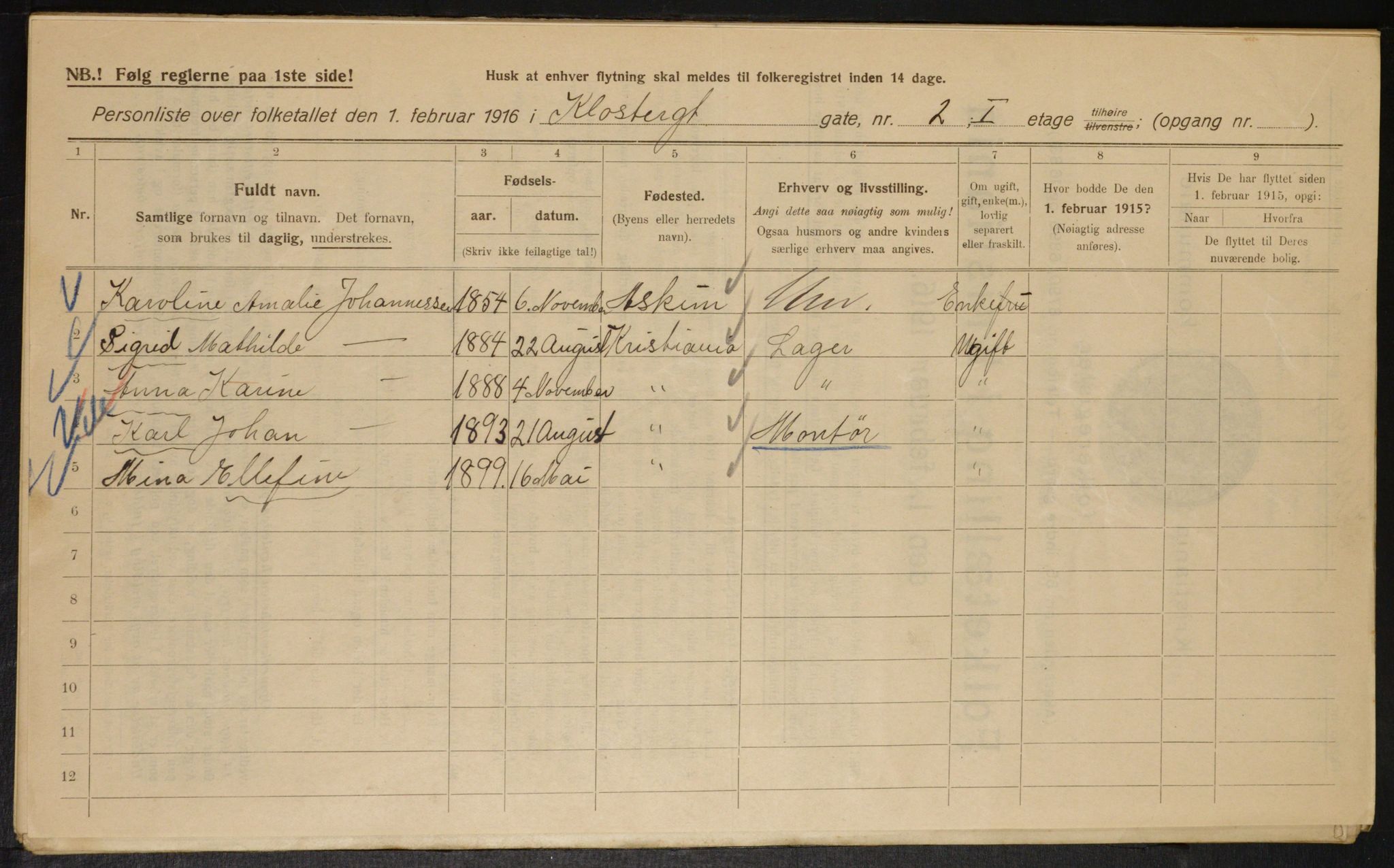 OBA, Municipal Census 1916 for Kristiania, 1916, p. 53197