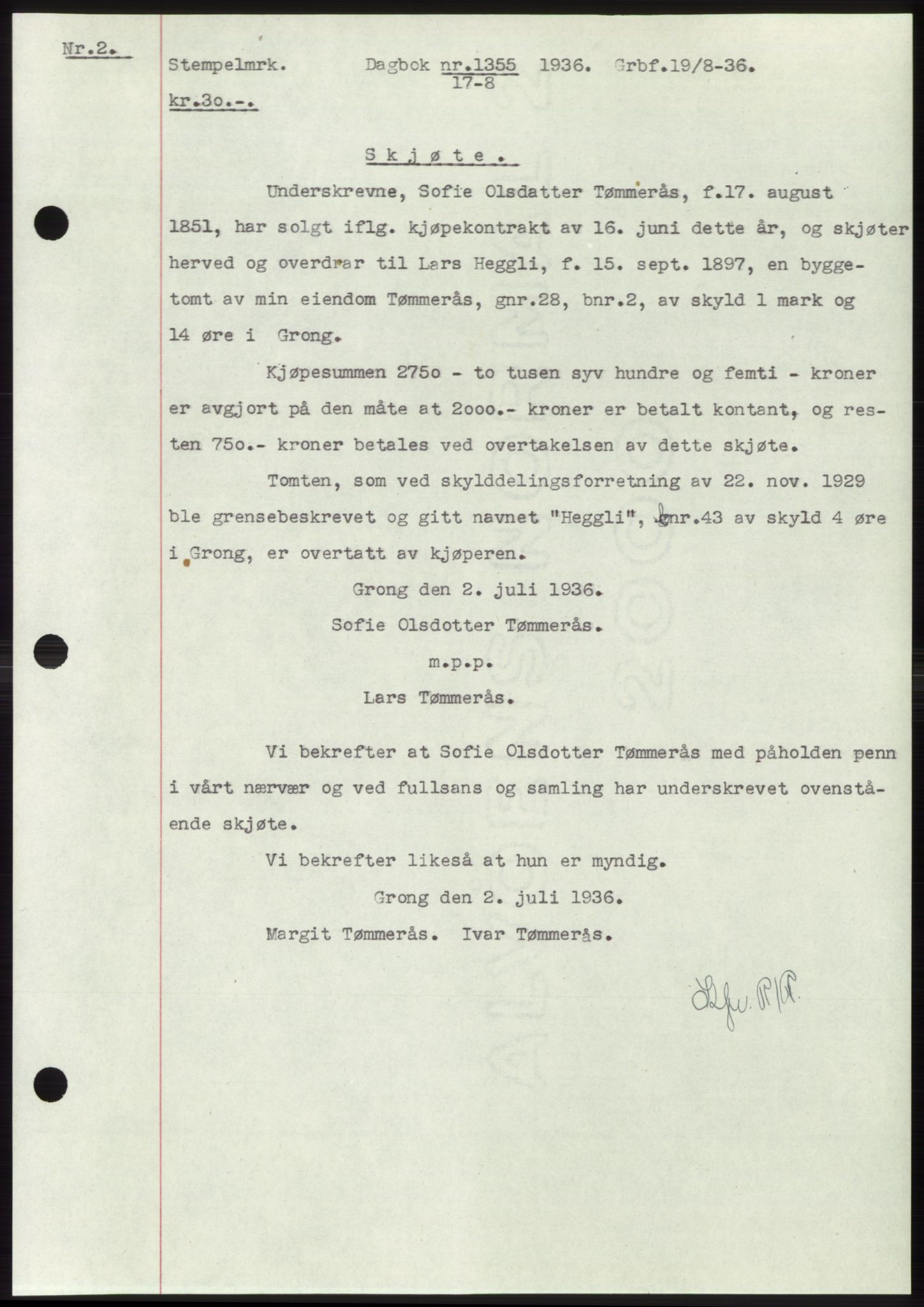 Namdal sorenskriveri, AV/SAT-A-4133/1/2/2C: Mortgage book no. -, 1935-1936, Deed date: 17.08.1936