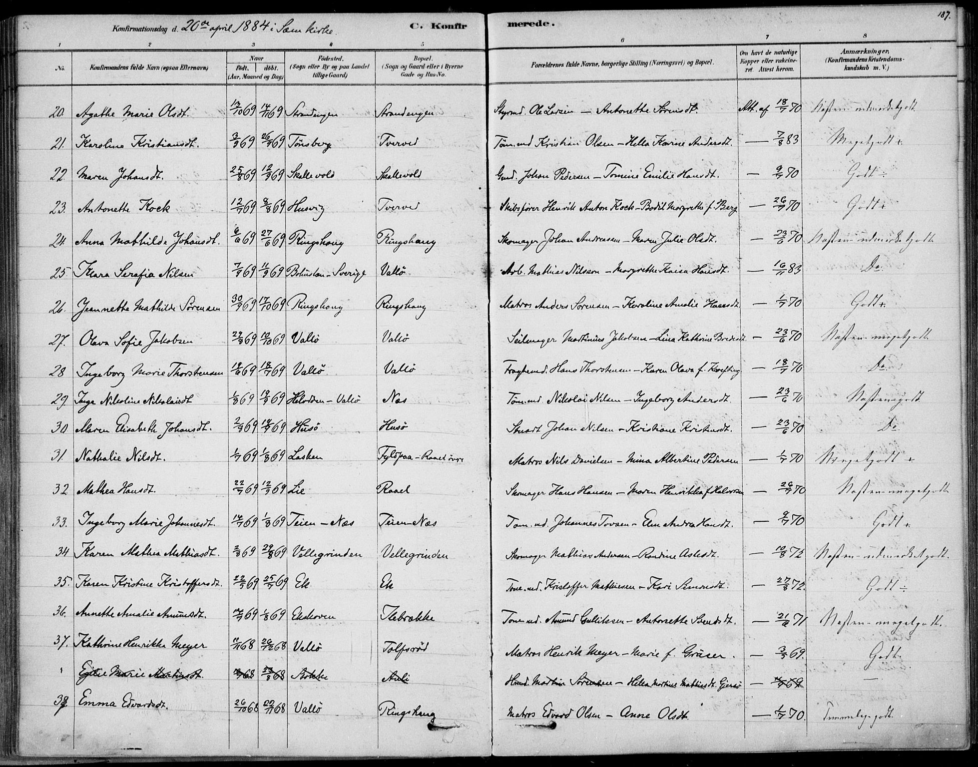 Sem kirkebøker, AV/SAKO-A-5/F/Fb/L0004: Parish register (official) no. II 4, 1878-1891, p. 187