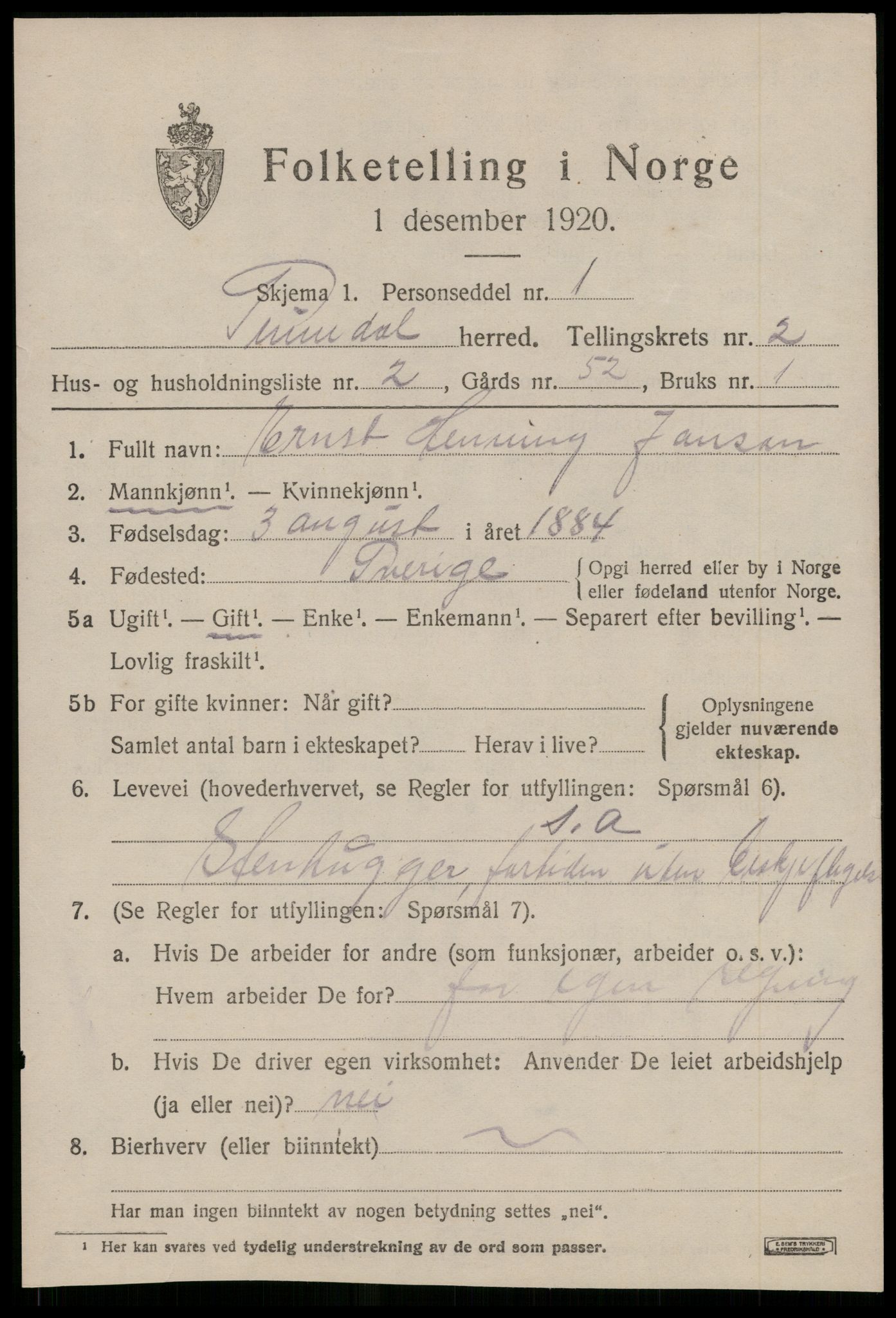 SAT, 1920 census for Sunndal, 1920, p. 1098