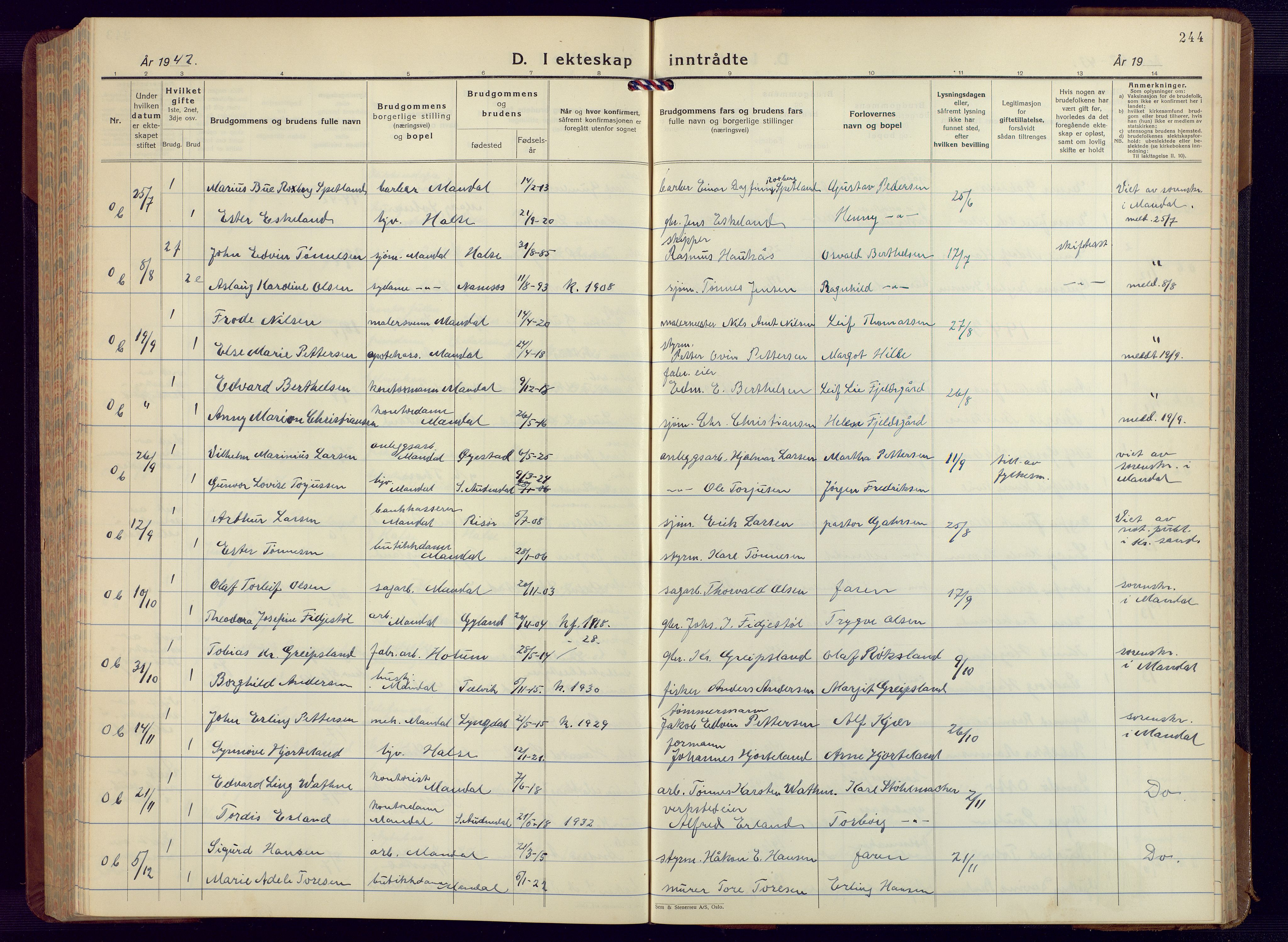 Mandal sokneprestkontor, AV/SAK-1111-0030/F/Fb/Fbc/L0002: Parish register (copy) no. B 2, 1931-1949, p. 244