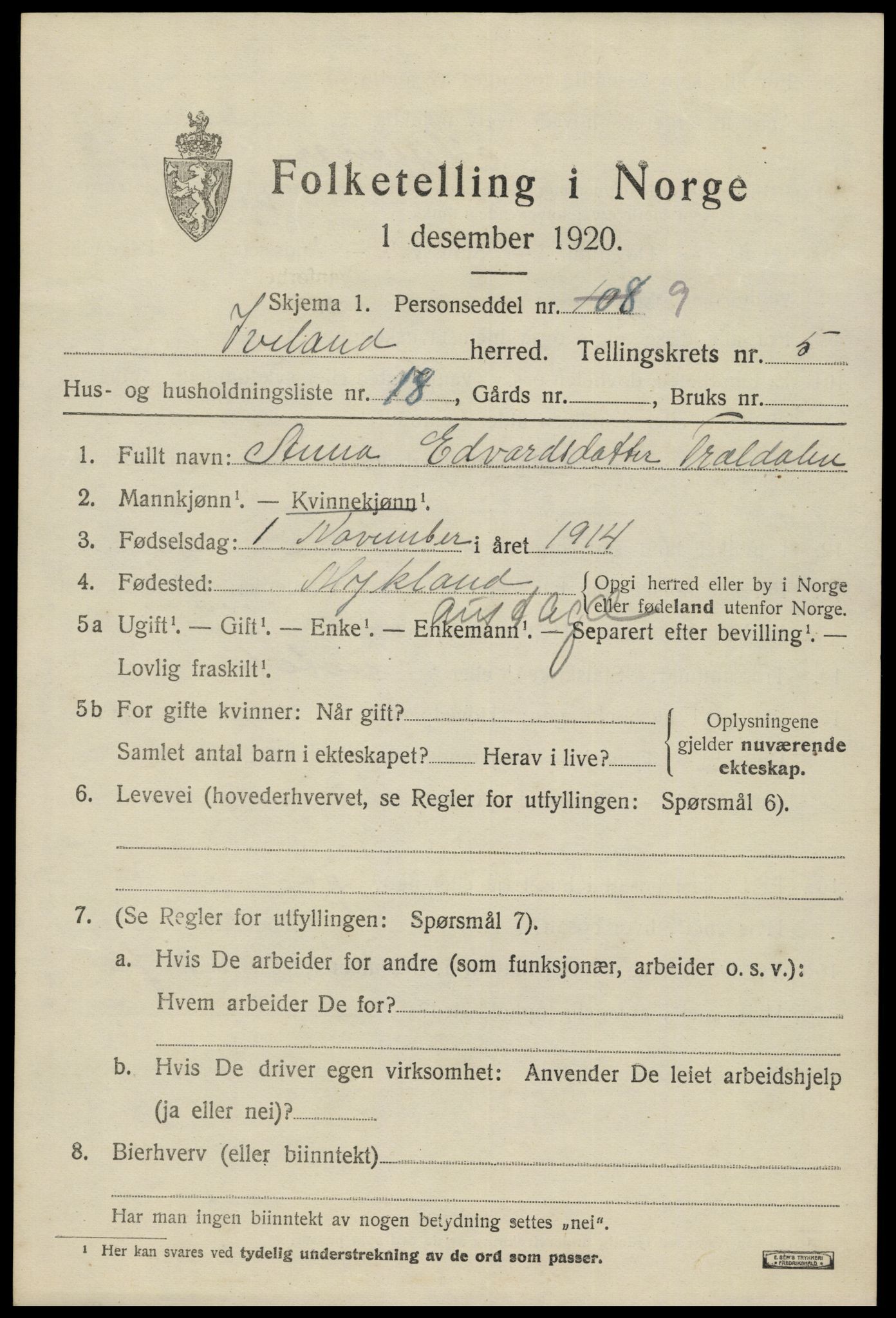 SAK, 1920 census for Iveland, 1920, p. 1801