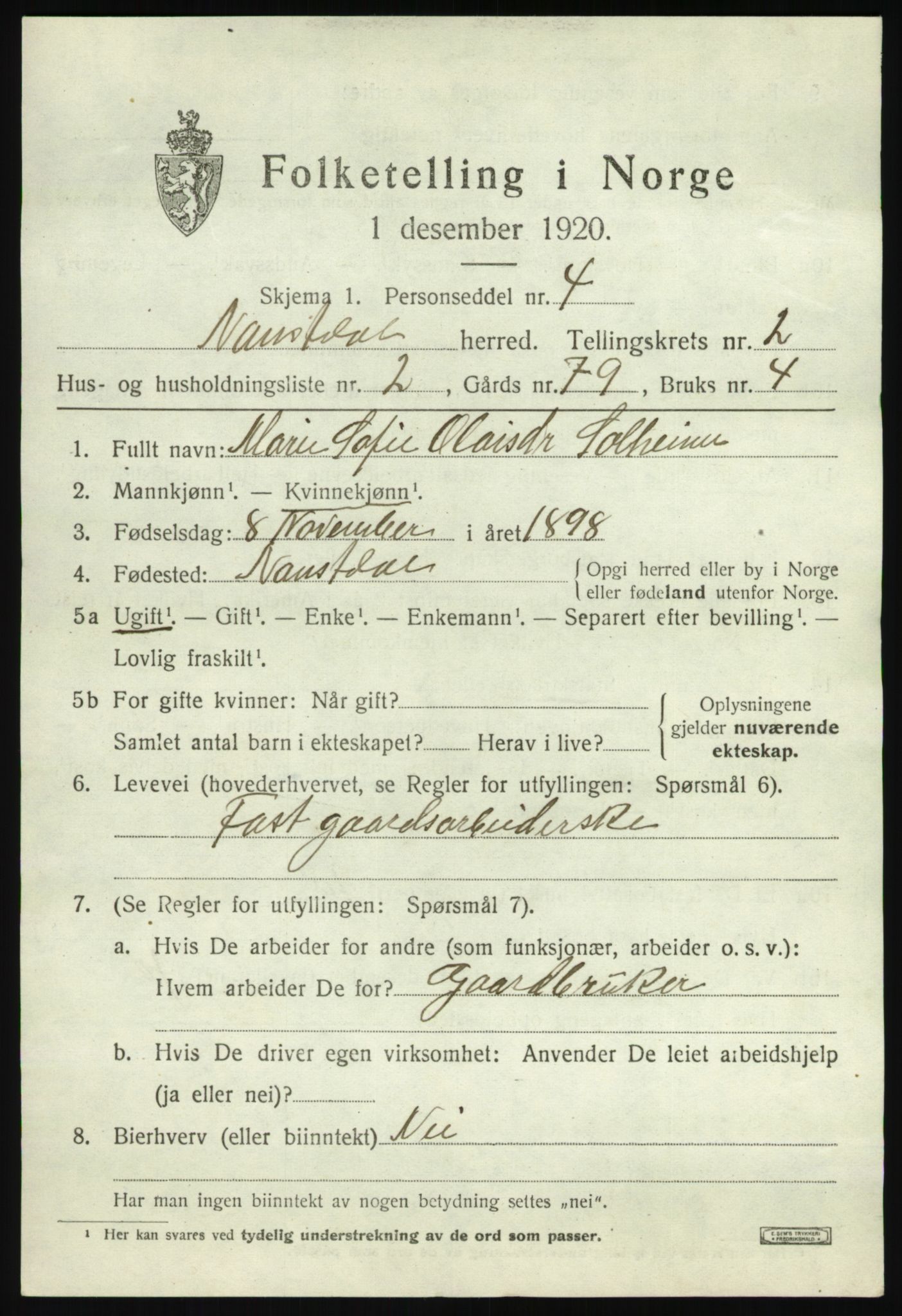 SAB, 1920 census for Naustdal, 1920, p. 1281