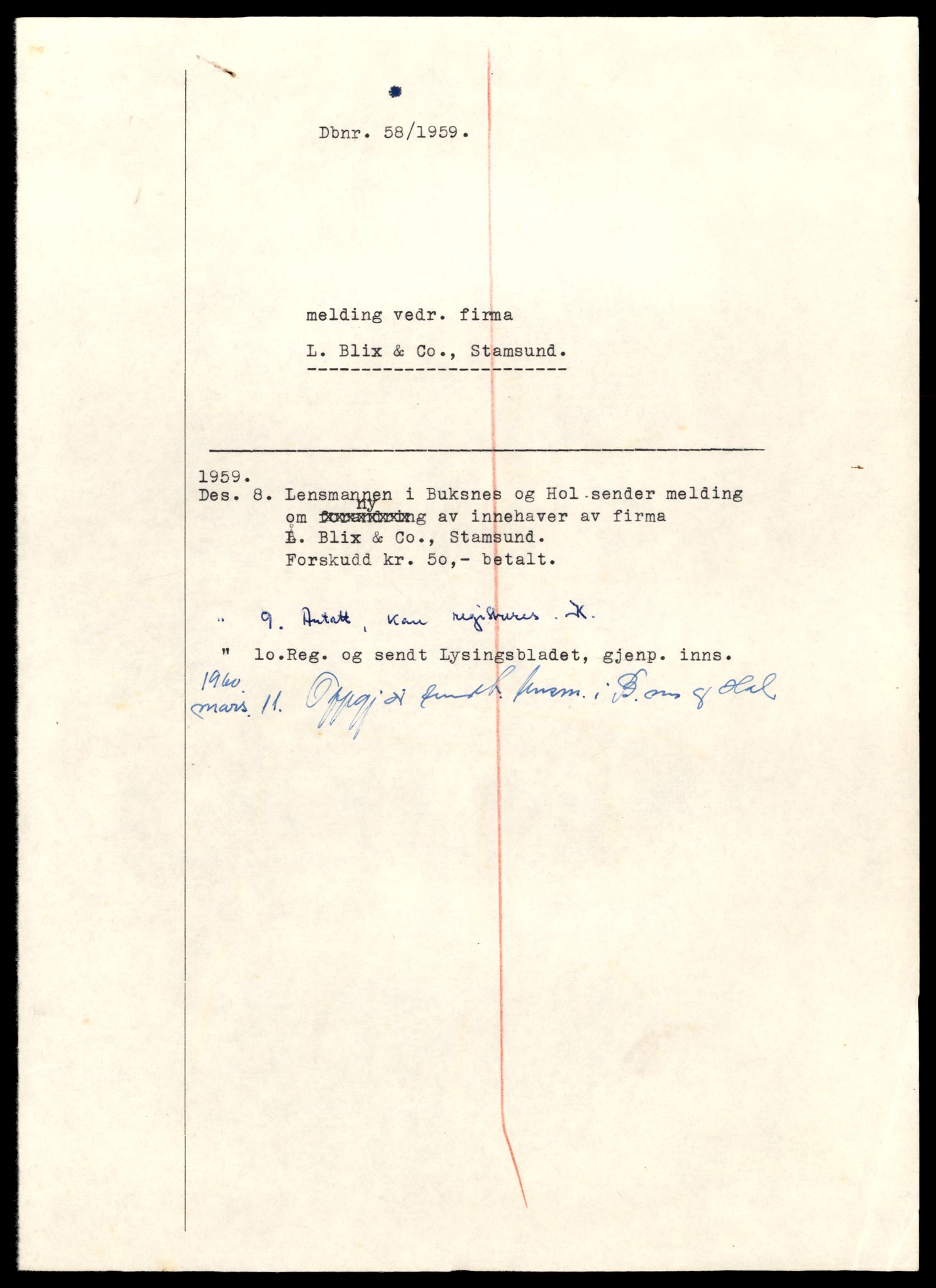 Lofoten sorenskriveri, AV/SAT-A-0017/2/J/Jc/Jcc/L0006: Enkeltmannsforetak, aksjeselskap og andelslag, 1959-1961, p. 1