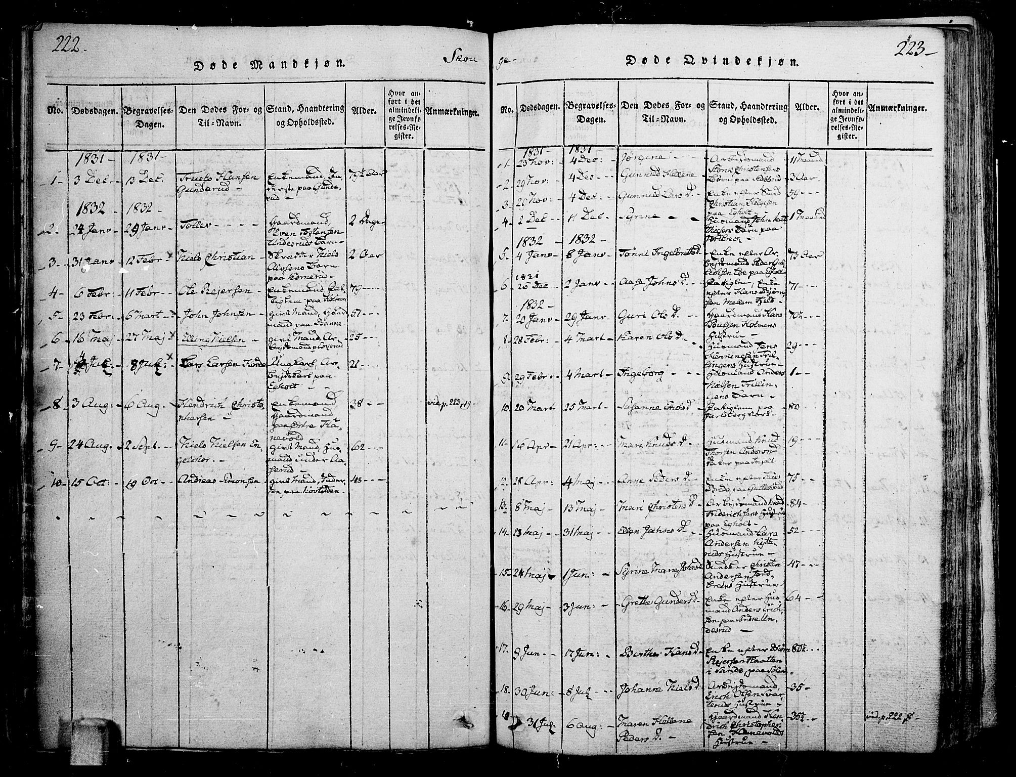 Skoger kirkebøker, AV/SAKO-A-59/F/Fa/L0002: Parish register (official) no. I 2 /1, 1814-1842, p. 222-223