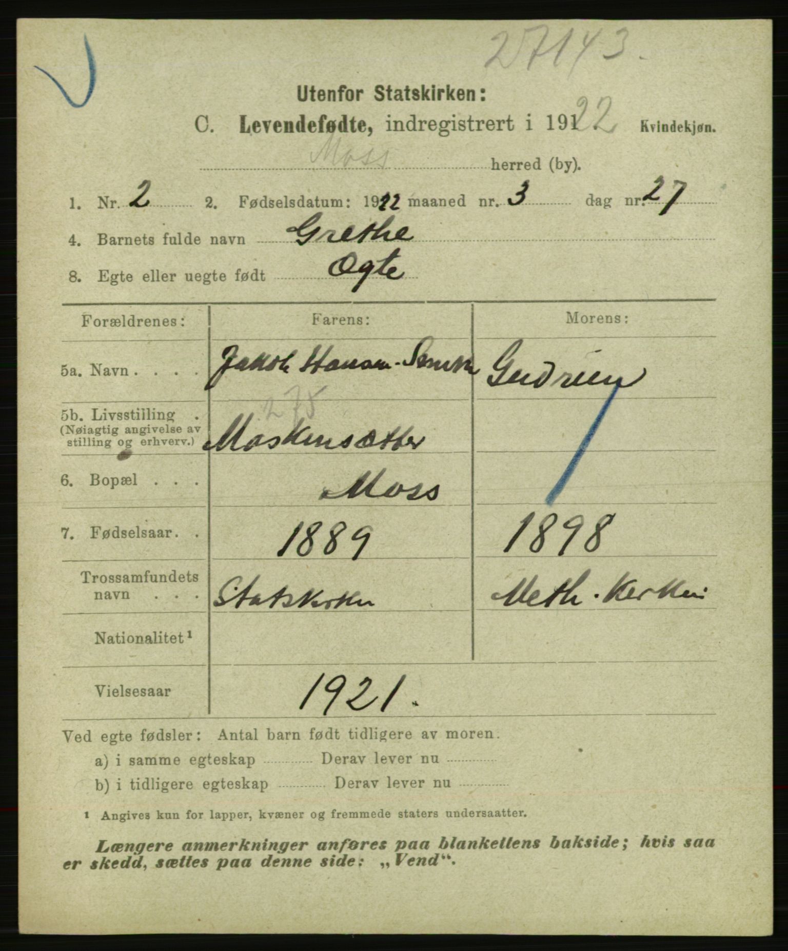 Statistisk sentralbyrå, Sosiodemografiske emner, Befolkning, AV/RA-S-2228/E/L0020: Fødte, gifte, døde dissentere., 1922, p. 5