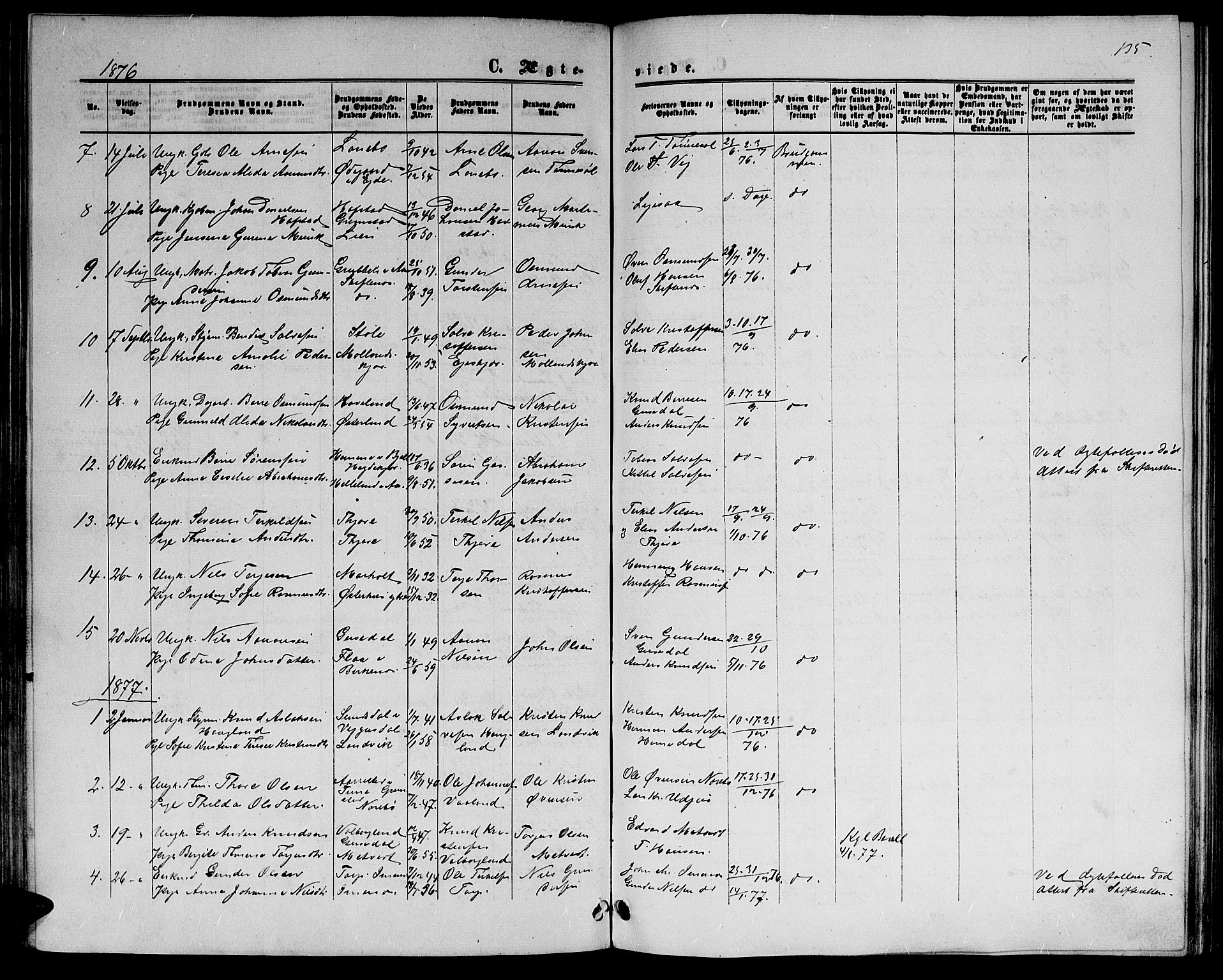 Hommedal sokneprestkontor, AV/SAK-1111-0023/F/Fb/Fbb/L0006: Parish register (copy) no. B 6, 1869-1884, p. 135