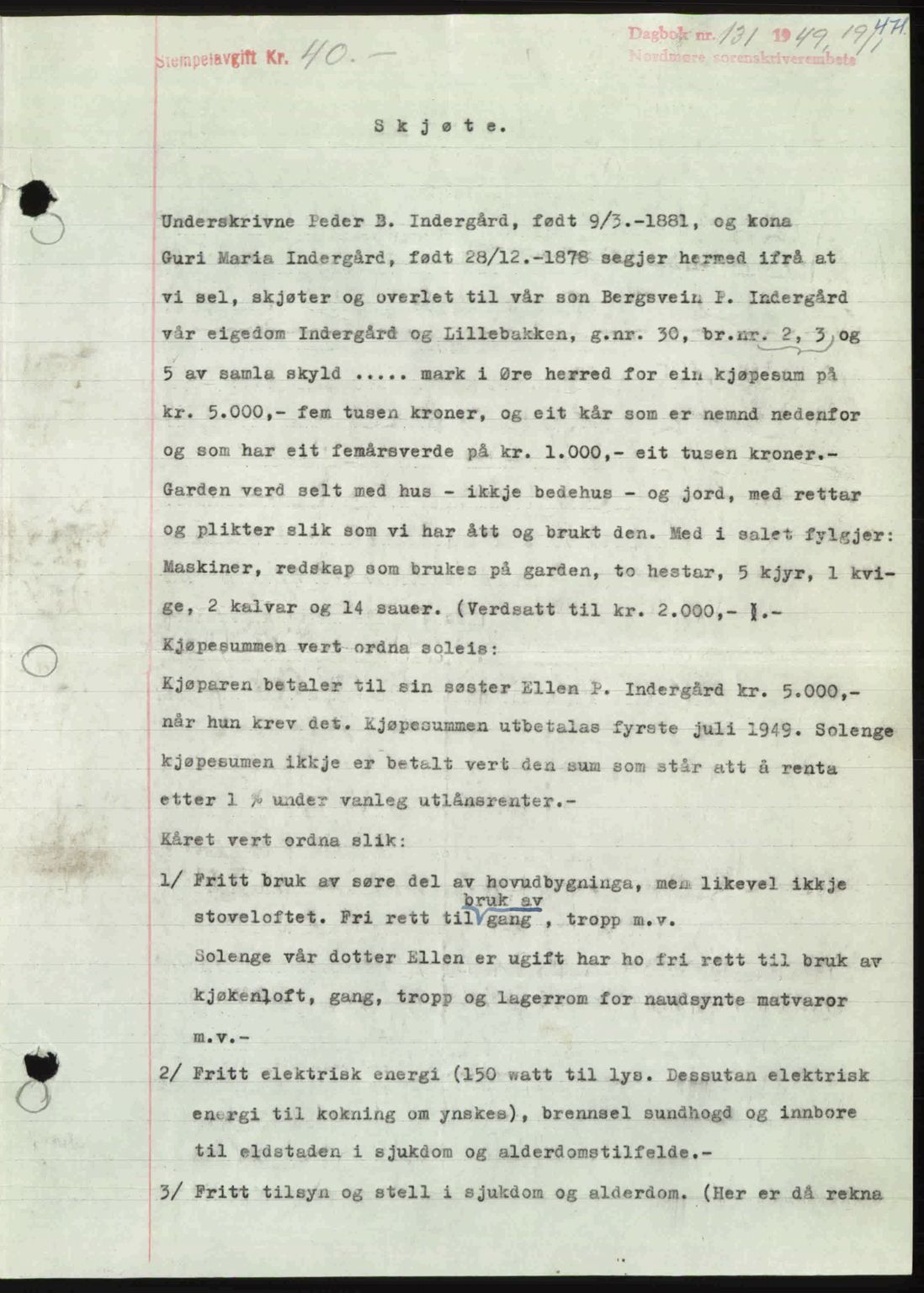 Nordmøre sorenskriveri, AV/SAT-A-4132/1/2/2Ca: Mortgage book no. A110, 1948-1949, Diary no: : 131/1949