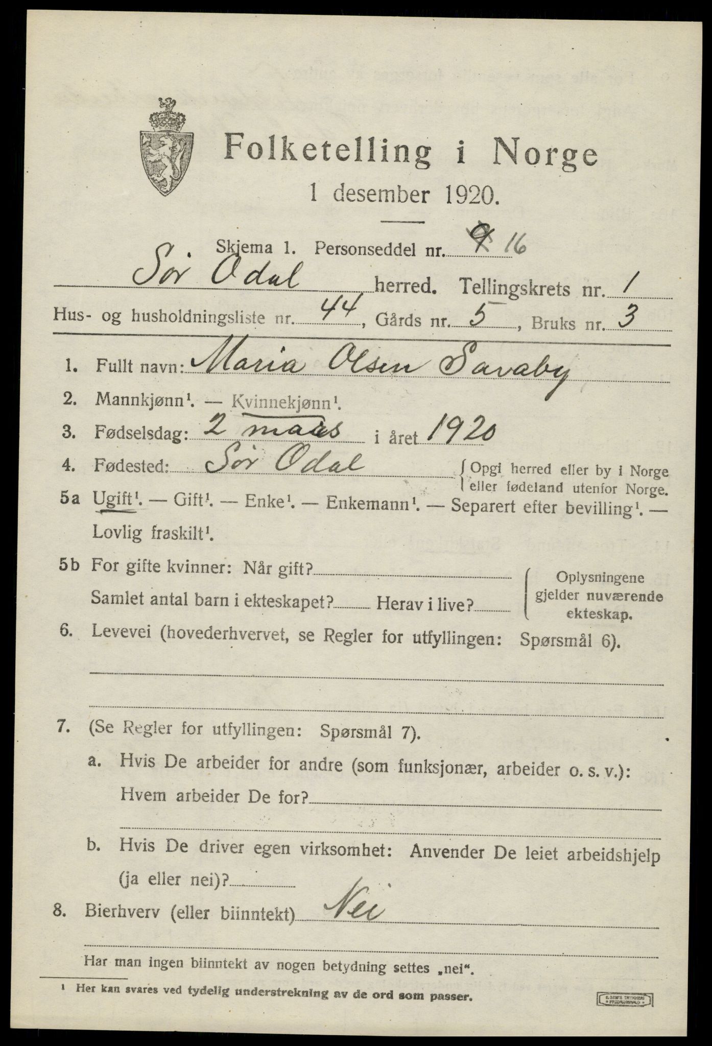 SAH, 1920 census for Sør-Odal, 1920, p. 2989