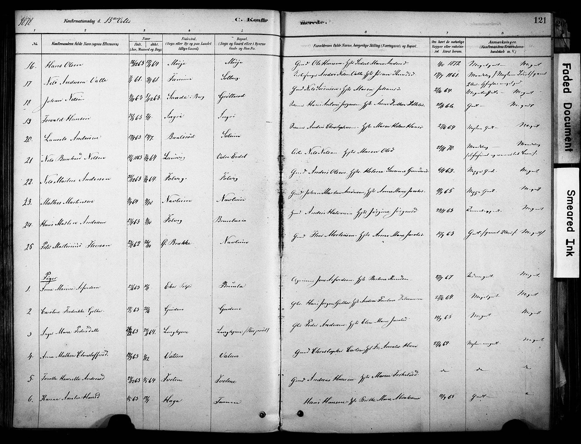 Brunlanes kirkebøker, AV/SAKO-A-342/F/Fc/L0001: Parish register (official) no. III 1, 1878-1899, p. 121