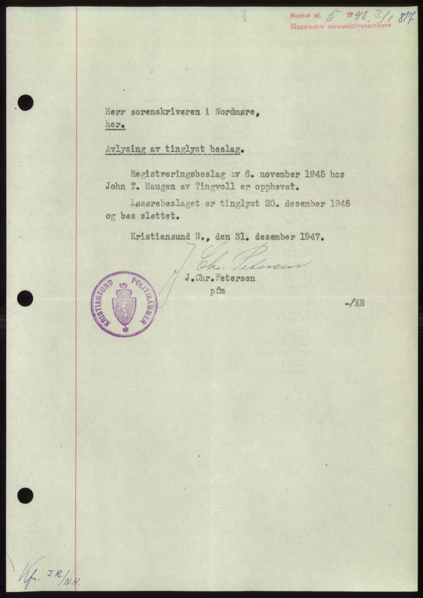 Nordmøre sorenskriveri, AV/SAT-A-4132/1/2/2Ca: Mortgage book no. B97, 1947-1948, Diary no: : 5/1948