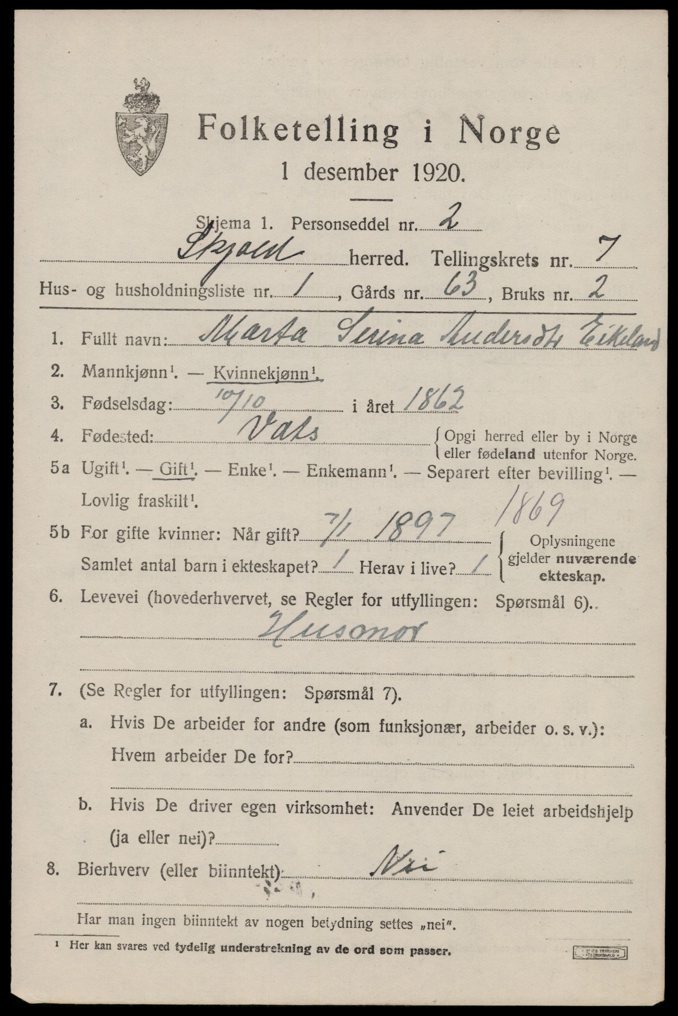SAST, 1920 census for Skjold, 1920, p. 3890