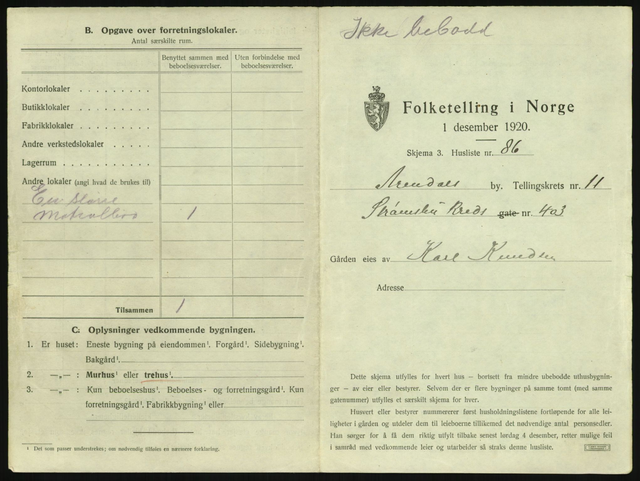 SAK, 1920 census for Arendal, 1920, p. 1644