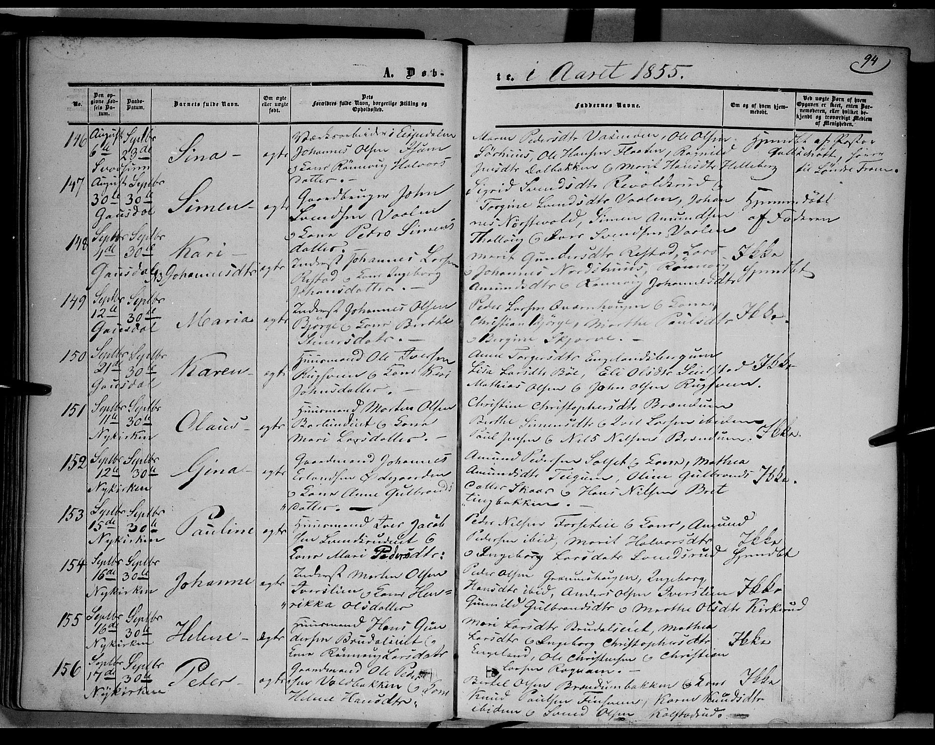 Gausdal prestekontor, AV/SAH-PREST-090/H/Ha/Haa/L0008: Parish register (official) no. 8, 1850-1861, p. 94
