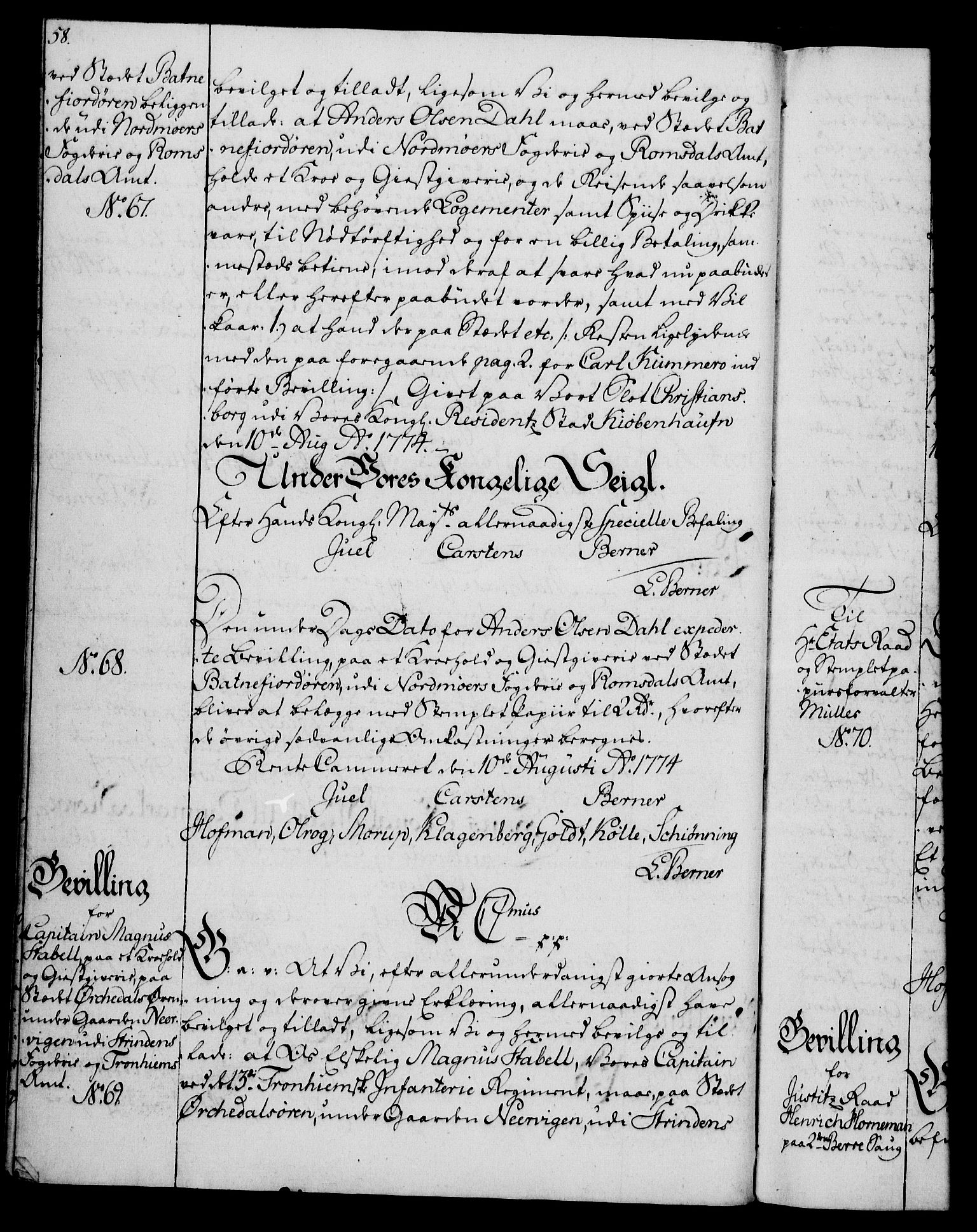 Rentekammeret, Kammerkanselliet, AV/RA-EA-3111/G/Gg/Gga/L0010: Norsk ekspedisjonsprotokoll med register (merket RK 53.10), 1773-1778, p. 58