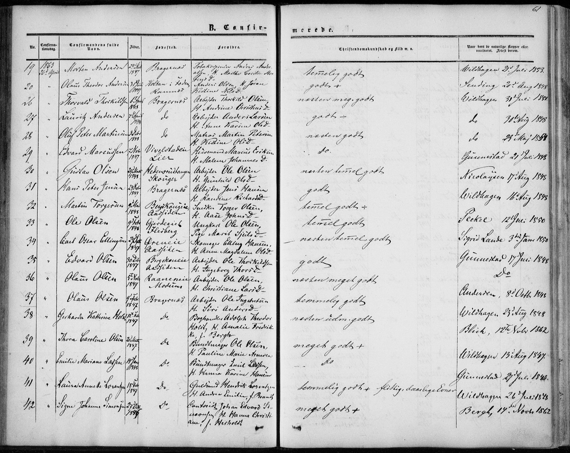 Bragernes kirkebøker, AV/SAKO-A-6/F/Fc/L0002: Parish register (official) no. III 2, 1854-1865, p. 61