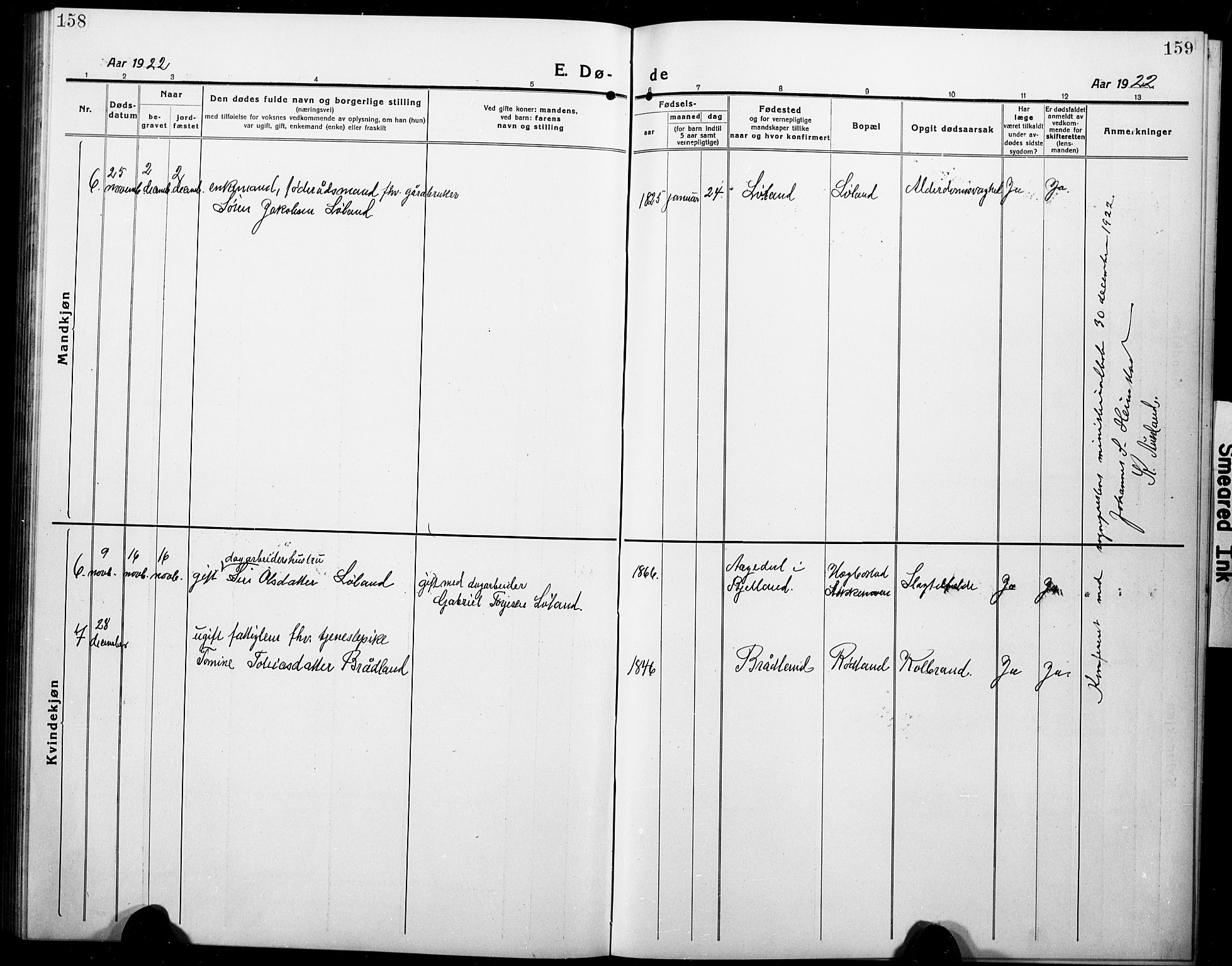 Nord-Audnedal sokneprestkontor, AV/SAK-1111-0032/F/Fb/Fbb/L0005: Parish register (copy) no. B 5, 1918-1929, p. 158-159