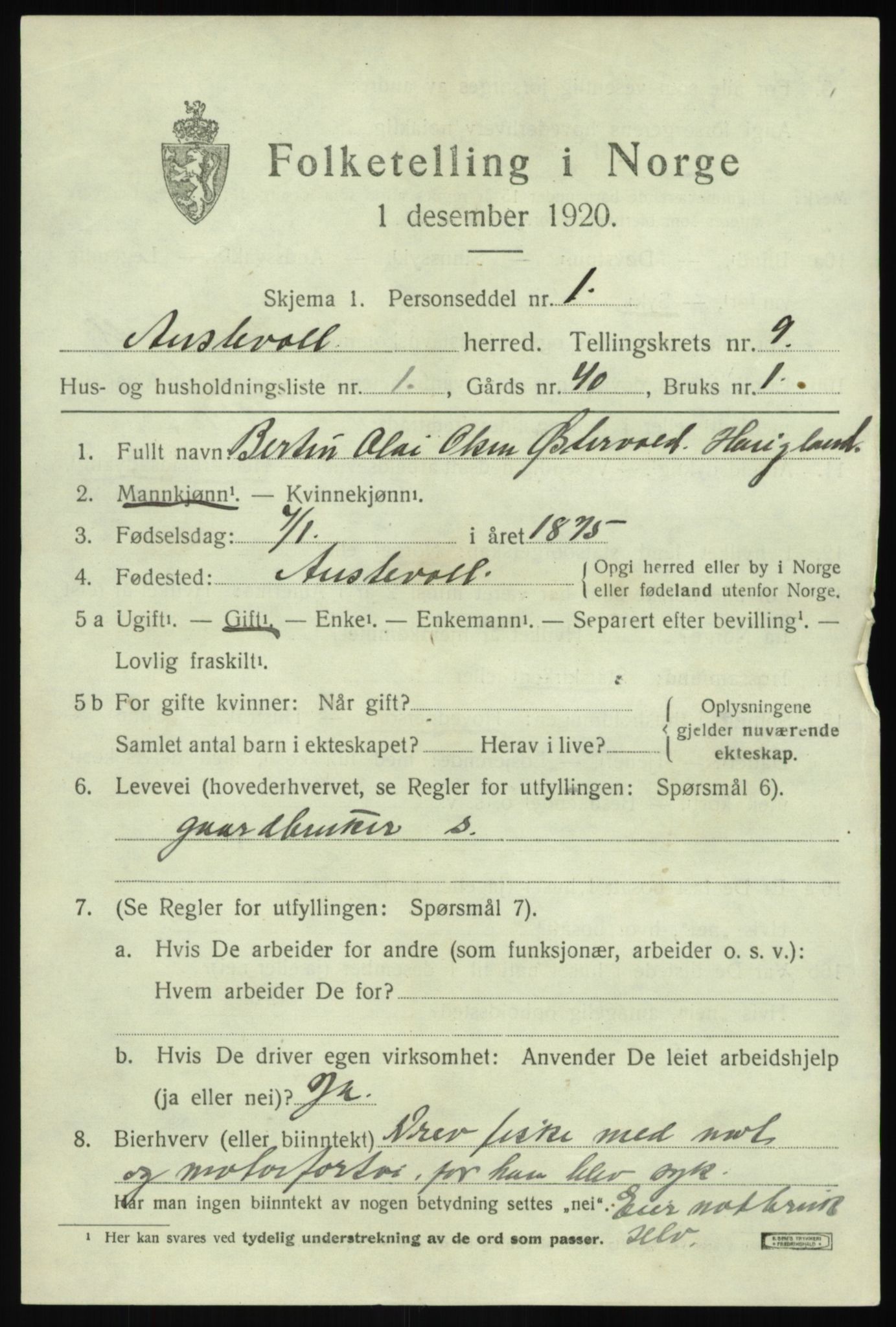 SAB, 1920 census for Austevoll, 1920, p. 4726