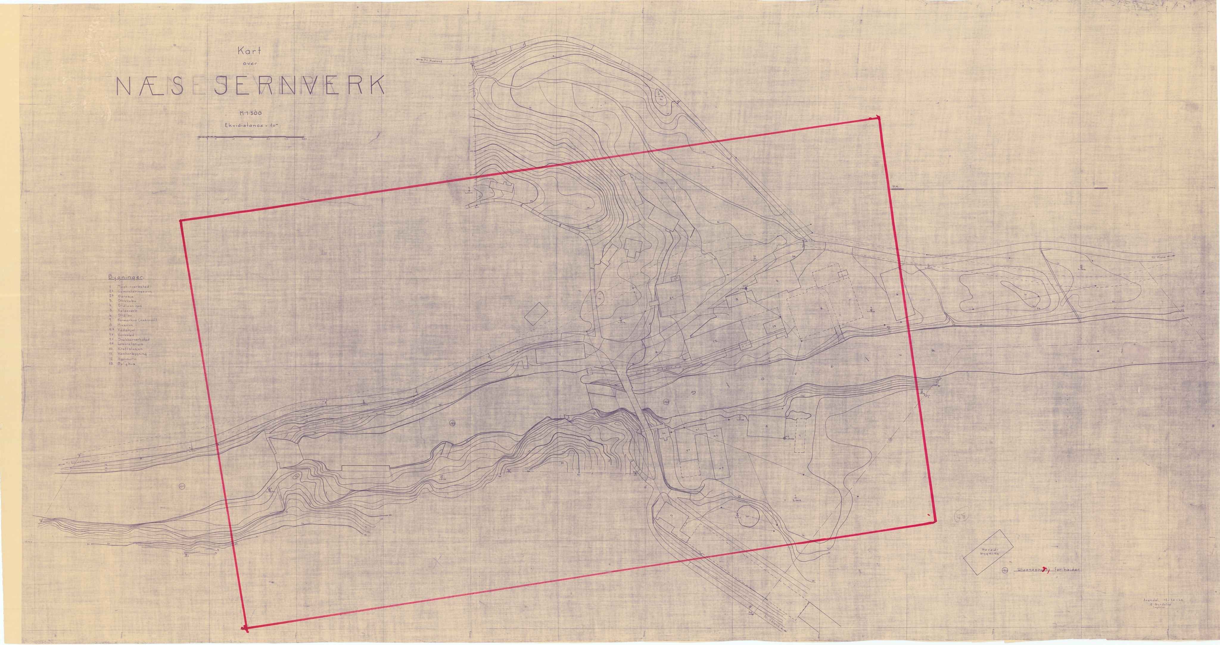 Jacob Aall & Søn AS, NESJ/NJM-007/09/L0003: Kart over Næs jernverk, kopi, Arendal 1942, E. Syrdalen, 1942