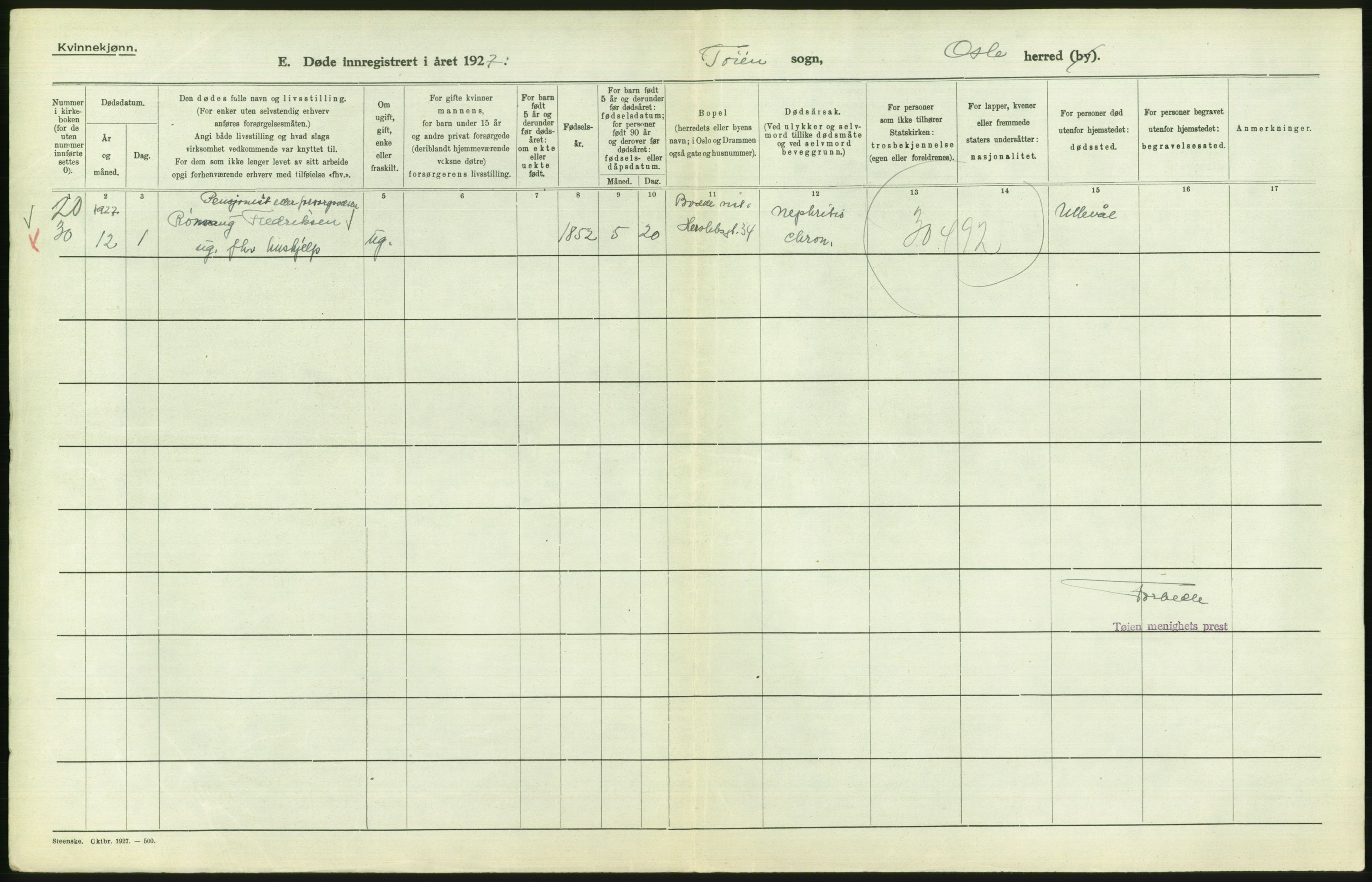 Statistisk sentralbyrå, Sosiodemografiske emner, Befolkning, RA/S-2228/D/Df/Dfc/Dfcg/L0010: Oslo: Døde kvinner, dødfødte, 1927, p. 664