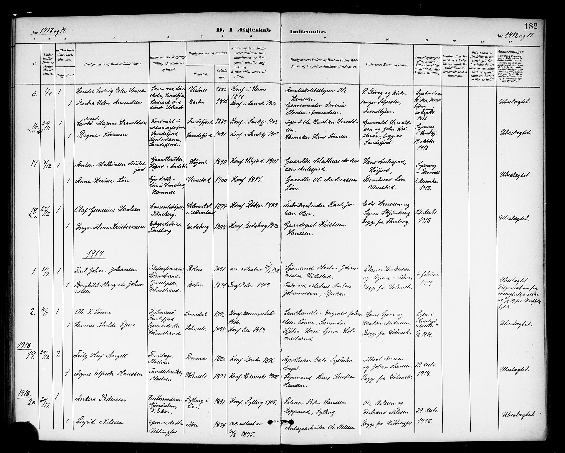 Holmestrand kirkebøker, AV/SAKO-A-346/G/Ga/L0006: Parish register (copy) no. 6, 1901-1923, p. 182