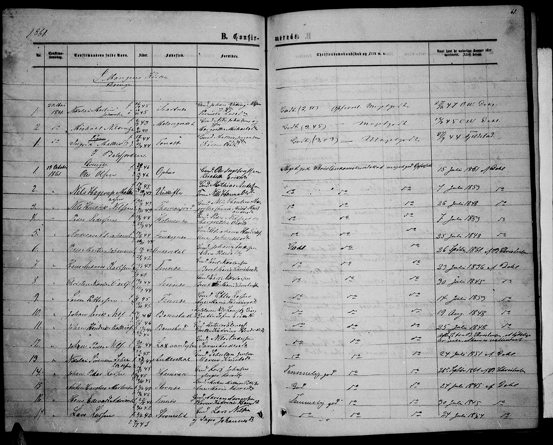 Balsfjord sokneprestembete, SATØ/S-1303/G/Ga/L0005klokker: Parish register (copy) no. 5, 1856-1862, p. 61