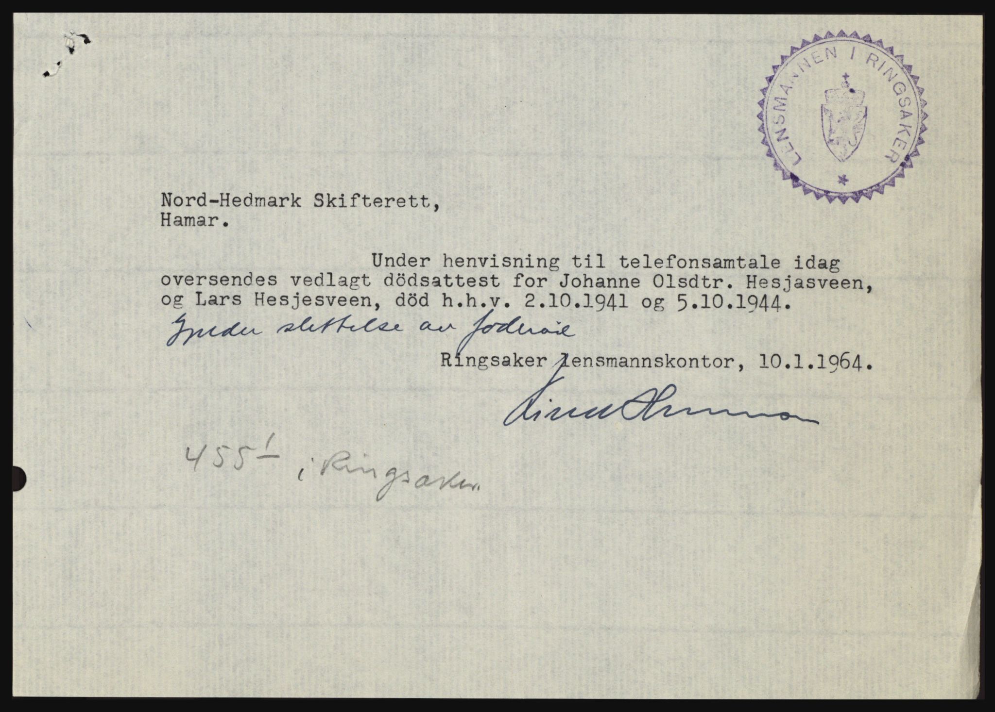 Nord-Hedmark sorenskriveri, SAH/TING-012/H/Hc/L0019: Mortgage book no. 19, 1963-1964, Diary no: : 182/1964