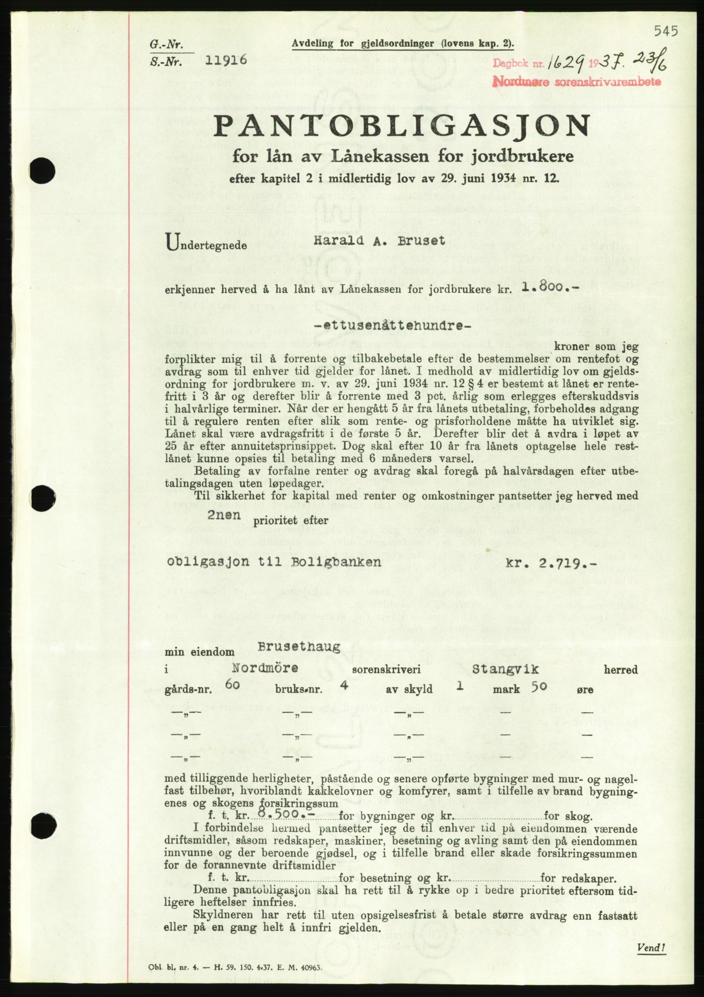 Nordmøre sorenskriveri, AV/SAT-A-4132/1/2/2Ca/L0091: Mortgage book no. B81, 1937-1937, Diary no: : 1629/1937