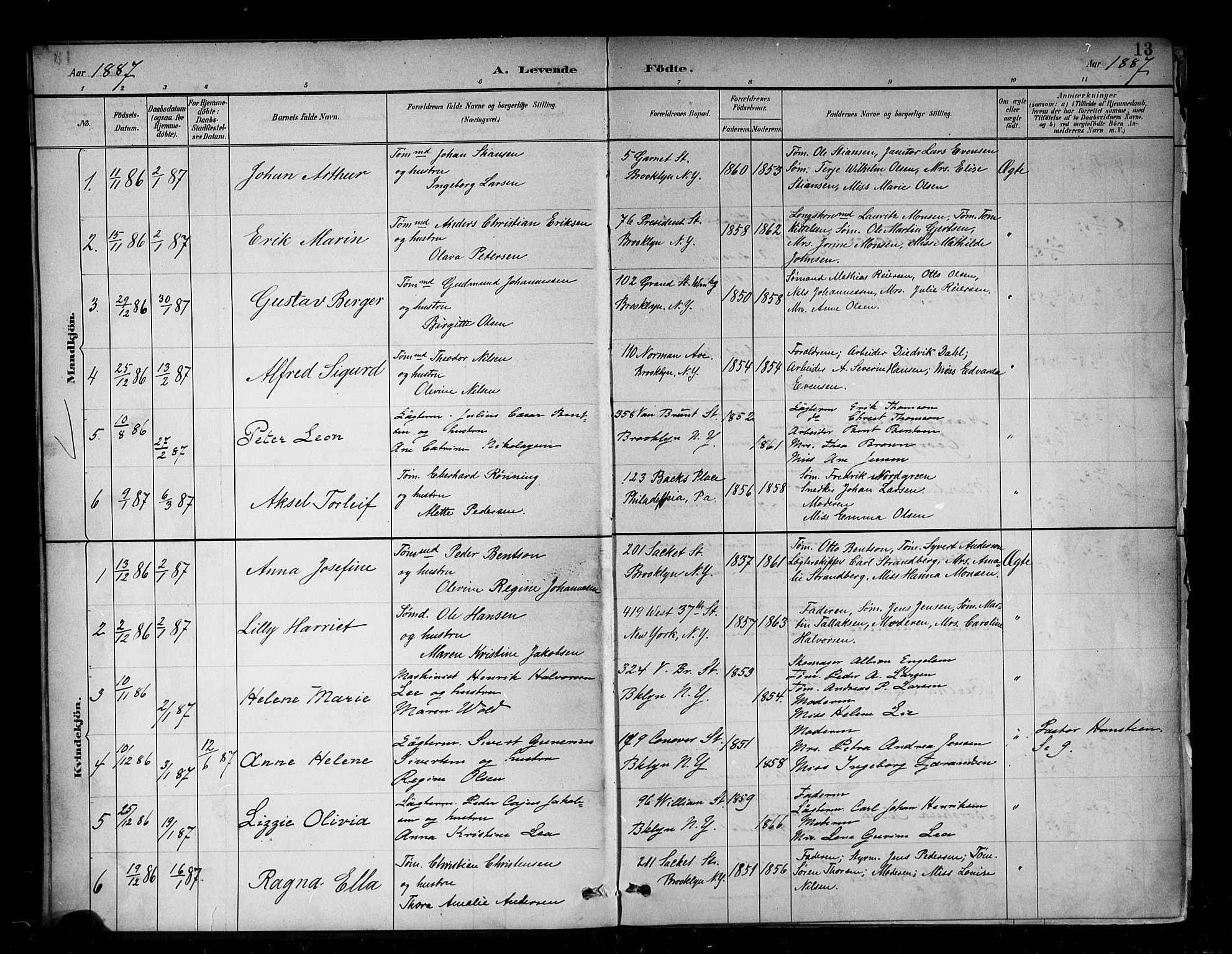 Den norske sjømannsmisjon i utlandet/New York, SAB/SAB/PA-0110/H/Ha/L0002: Parish register (official) no. A 2, 1886-1888, p. 13