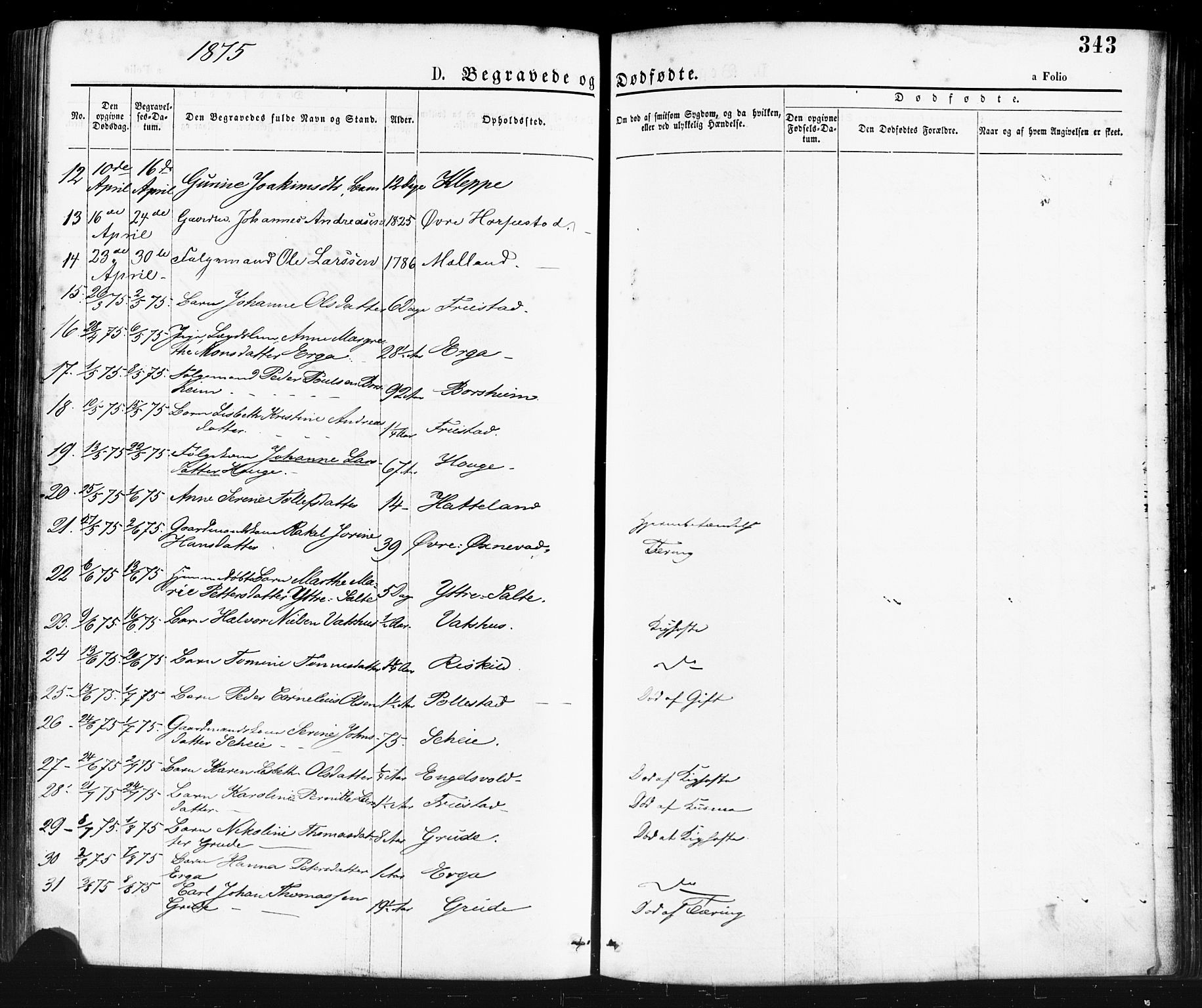 Klepp sokneprestkontor, AV/SAST-A-101803/001/3/30BA/L0006: Parish register (official) no. A 6, 1871-1885, p. 343