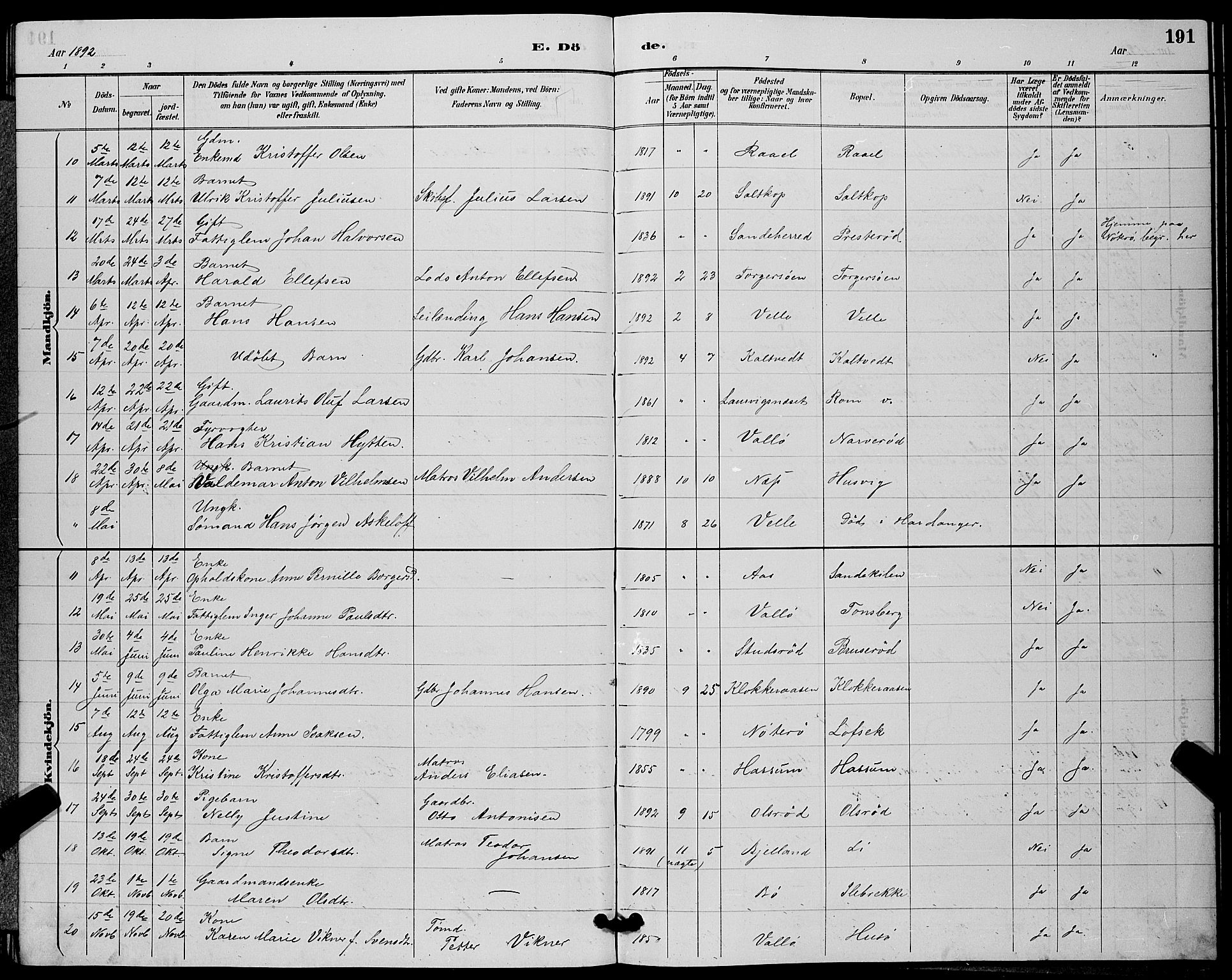 Sem kirkebøker, AV/SAKO-A-5/G/Gb/L0002: Parish register (copy) no. II 2, 1886-1899, p. 191