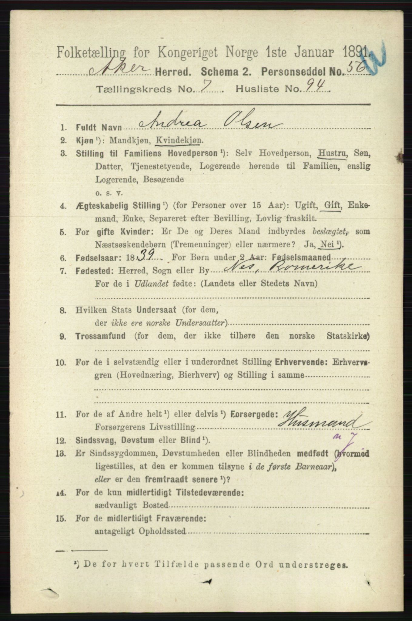 RA, 1891 census for 0218 Aker, 1891, p. 7099