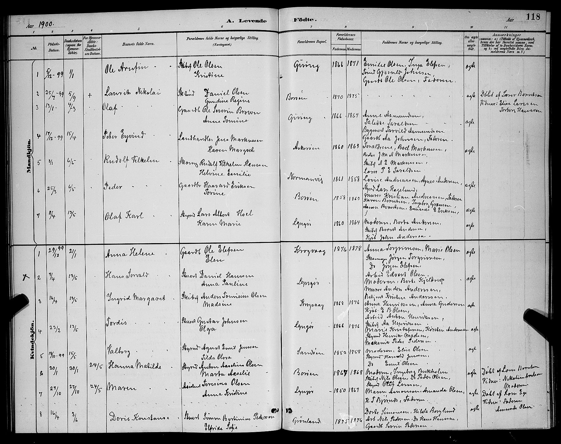 Dypvåg sokneprestkontor, AV/SAK-1111-0007/F/Fb/Fba/L0013: Parish register (copy) no. B 13, 1887-1900, p. 118