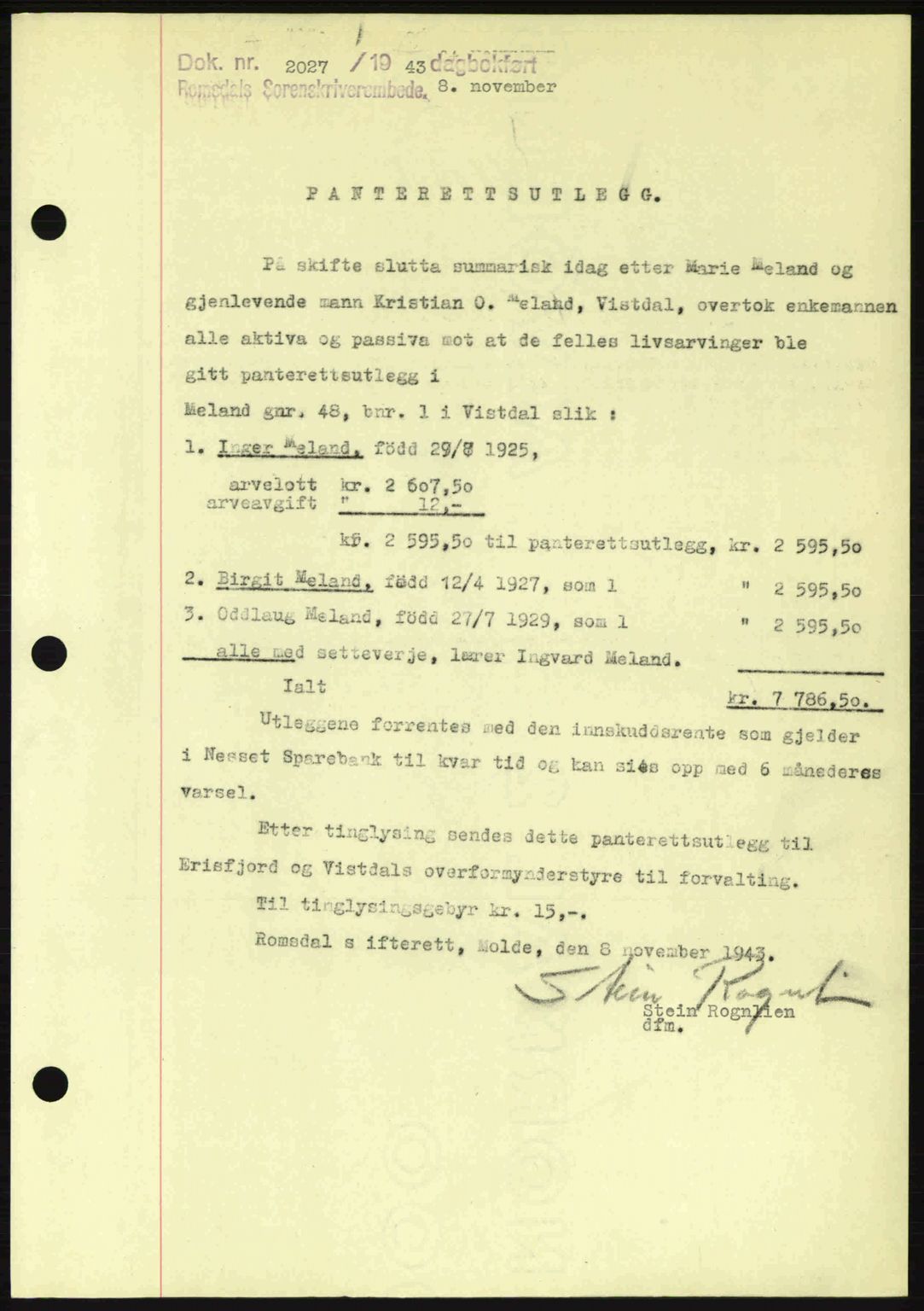 Romsdal sorenskriveri, AV/SAT-A-4149/1/2/2C: Mortgage book no. B2, 1939-1945, Diary no: : 2027/1943