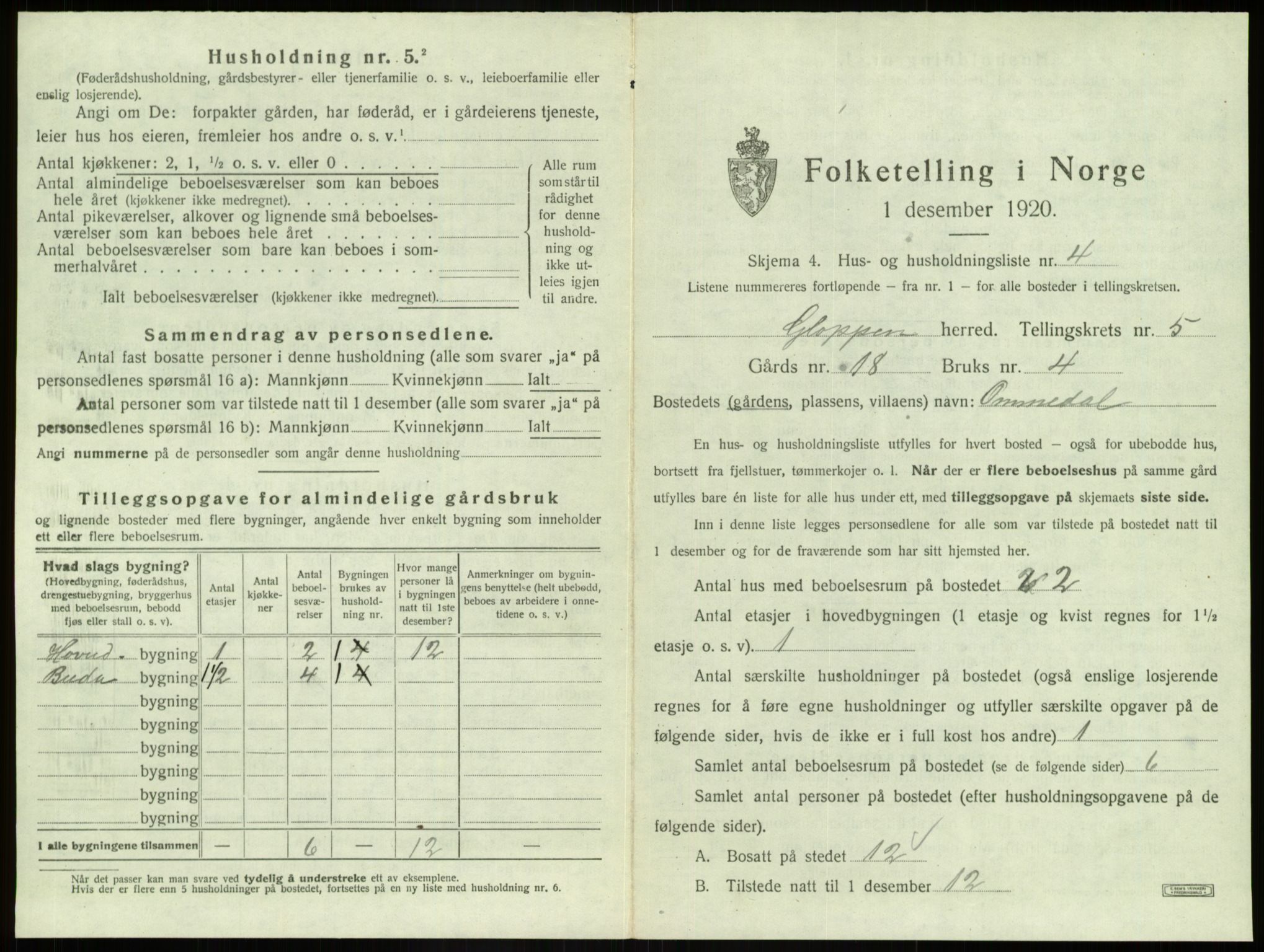 SAB, 1920 census for Gloppen, 1920, p. 399