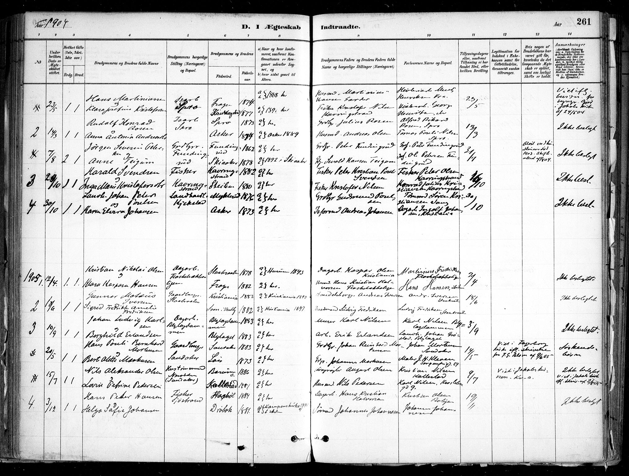 Nesodden prestekontor Kirkebøker, SAO/A-10013/F/Fa/L0009: Parish register (official) no. I 9, 1880-1915, p. 261