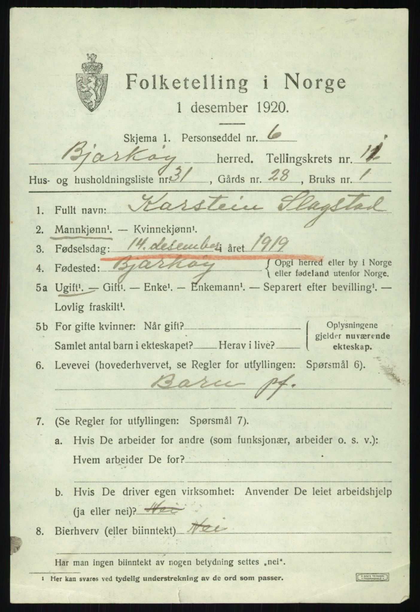 SATØ, 1920 census for Bjarkøy, 1920, p. 4673