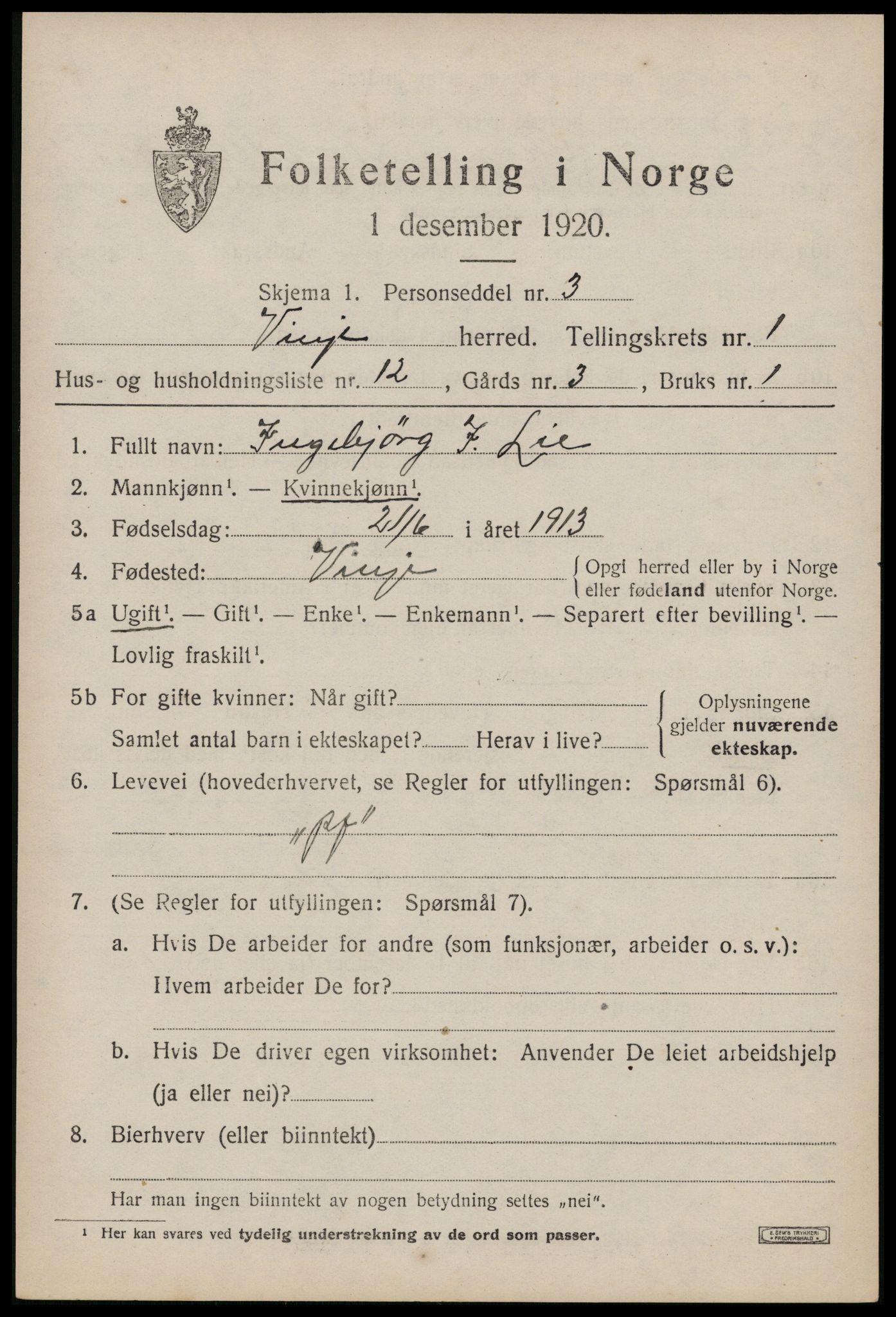 SAKO, 1920 census for Vinje, 1920, p. 823