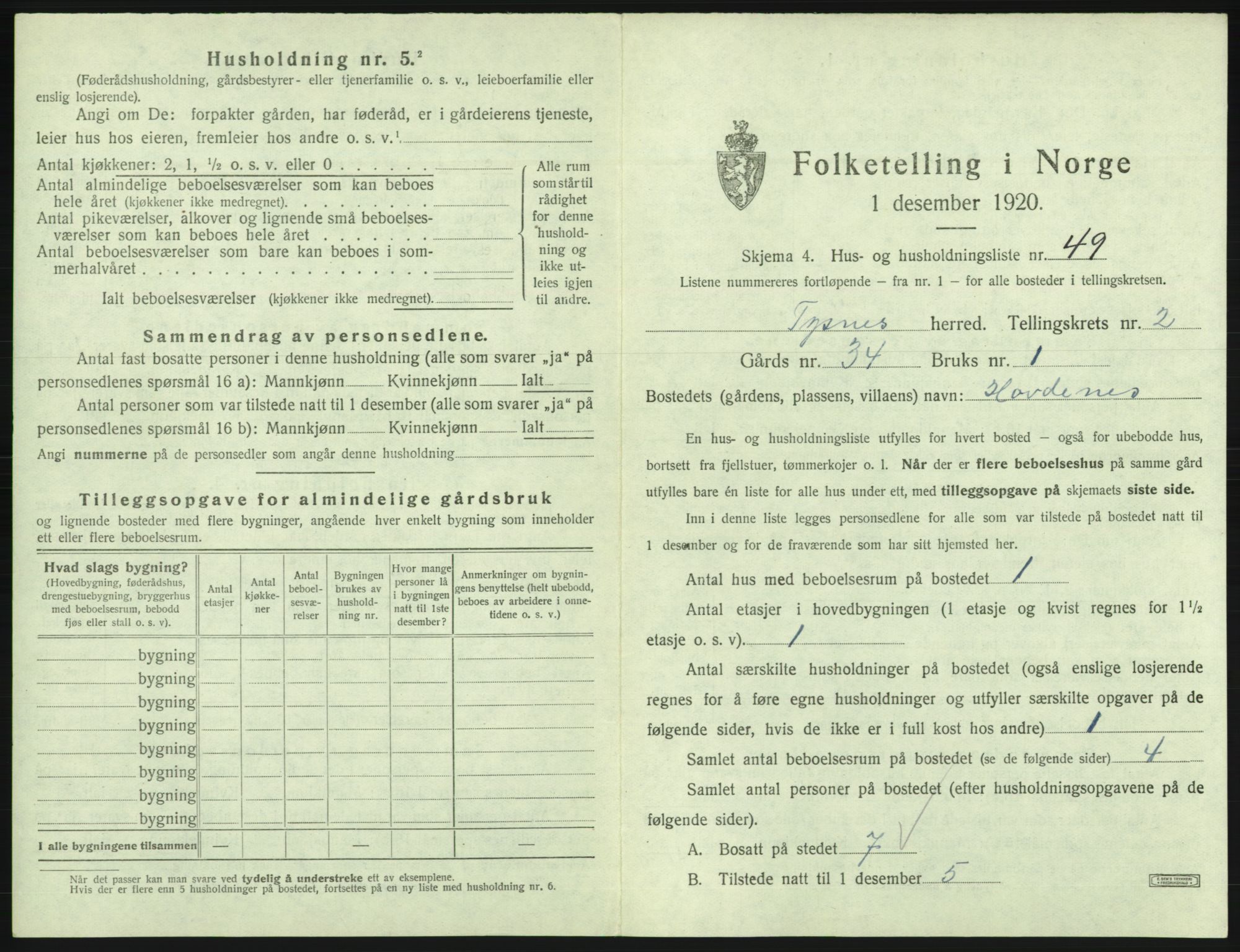 SAB, 1920 census for Tysnes, 1920, p. 253