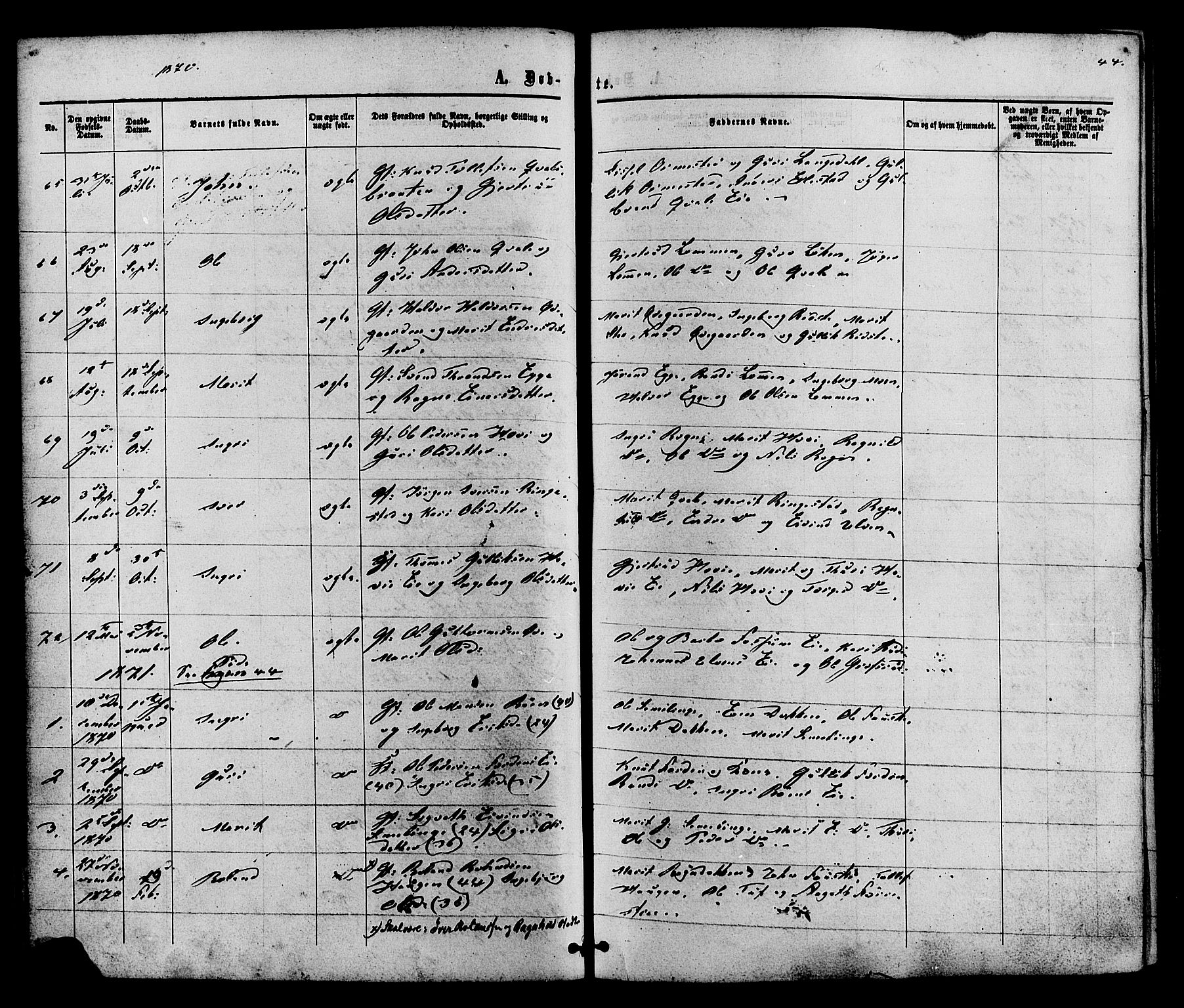 Vestre Slidre prestekontor, SAH/PREST-136/H/Ha/Haa/L0003: Parish register (official) no. 3, 1865-1880, p. 44