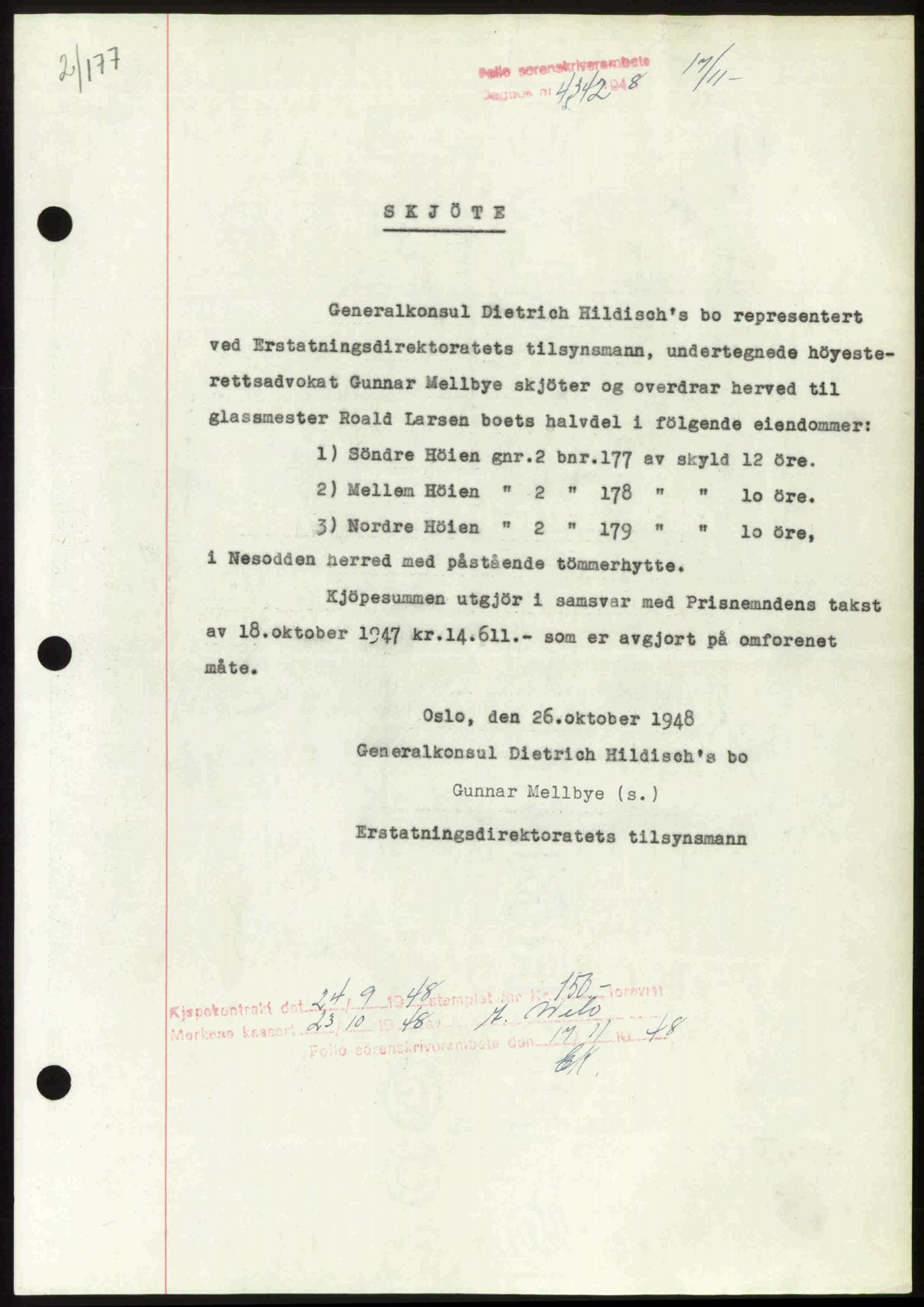Follo sorenskriveri, SAO/A-10274/G/Ga/Gaa/L0085: Mortgage book no. I 85, 1948-1948, Diary no: : 4342/1948