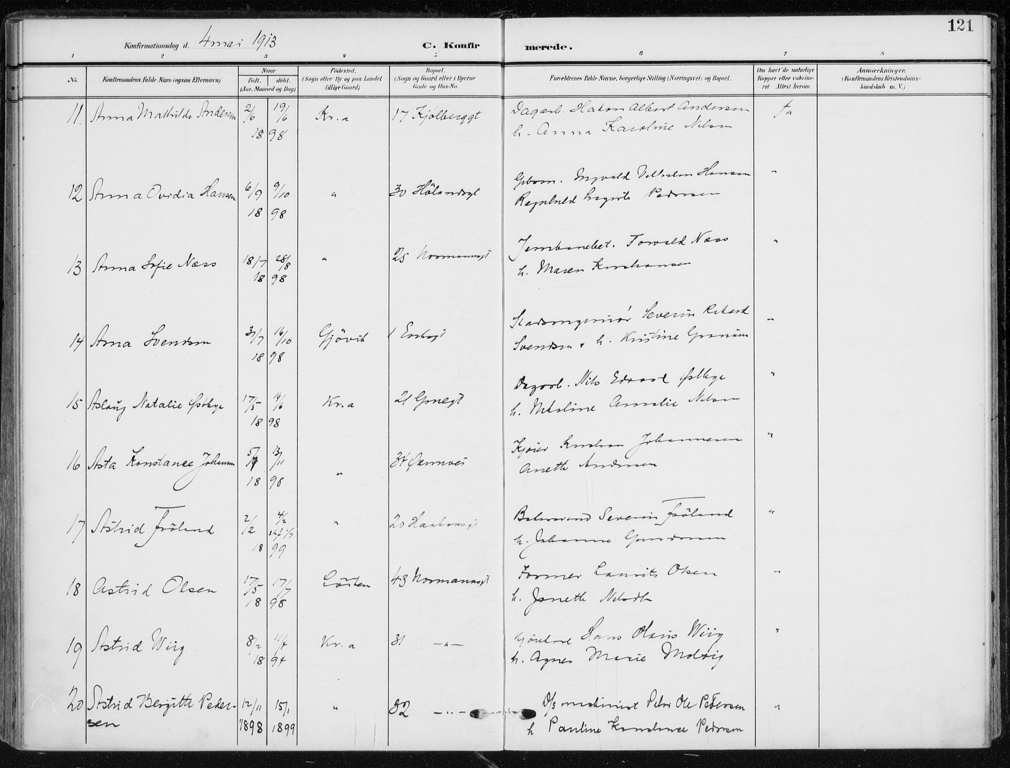 Kampen prestekontor Kirkebøker, AV/SAO-A-10853/F/Fa/L0011: Parish register (official) no. I 11, 1907-1917, p. 121