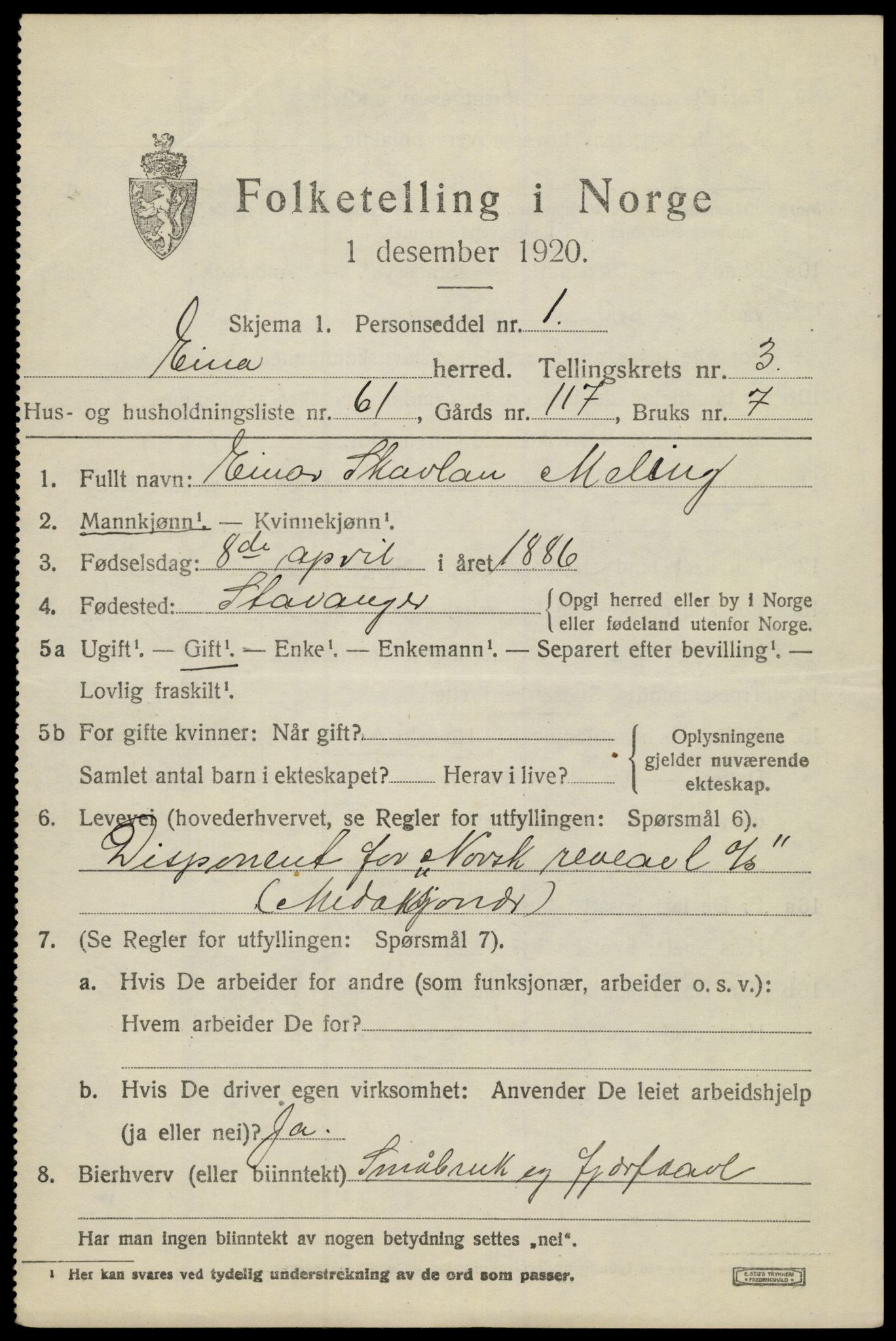 SAH, 1920 census for Eina, 1920, p. 2916