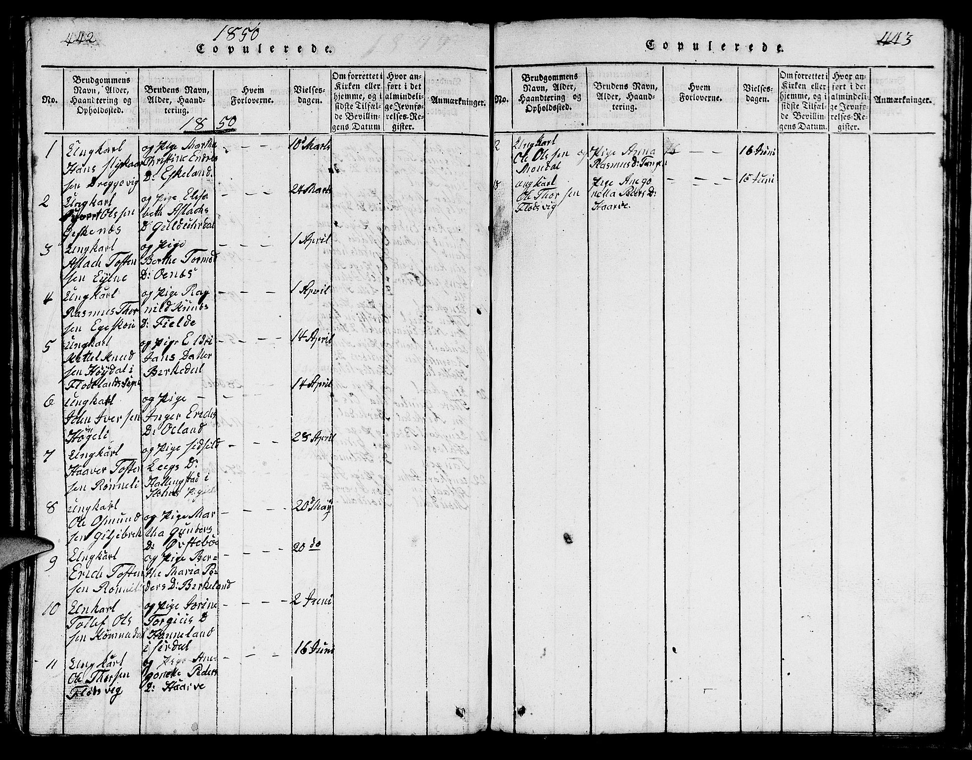 Strand sokneprestkontor, SAST/A-101828/H/Ha/Hab/L0002: Parish register (copy) no. B 2, 1816-1854, p. 442-443